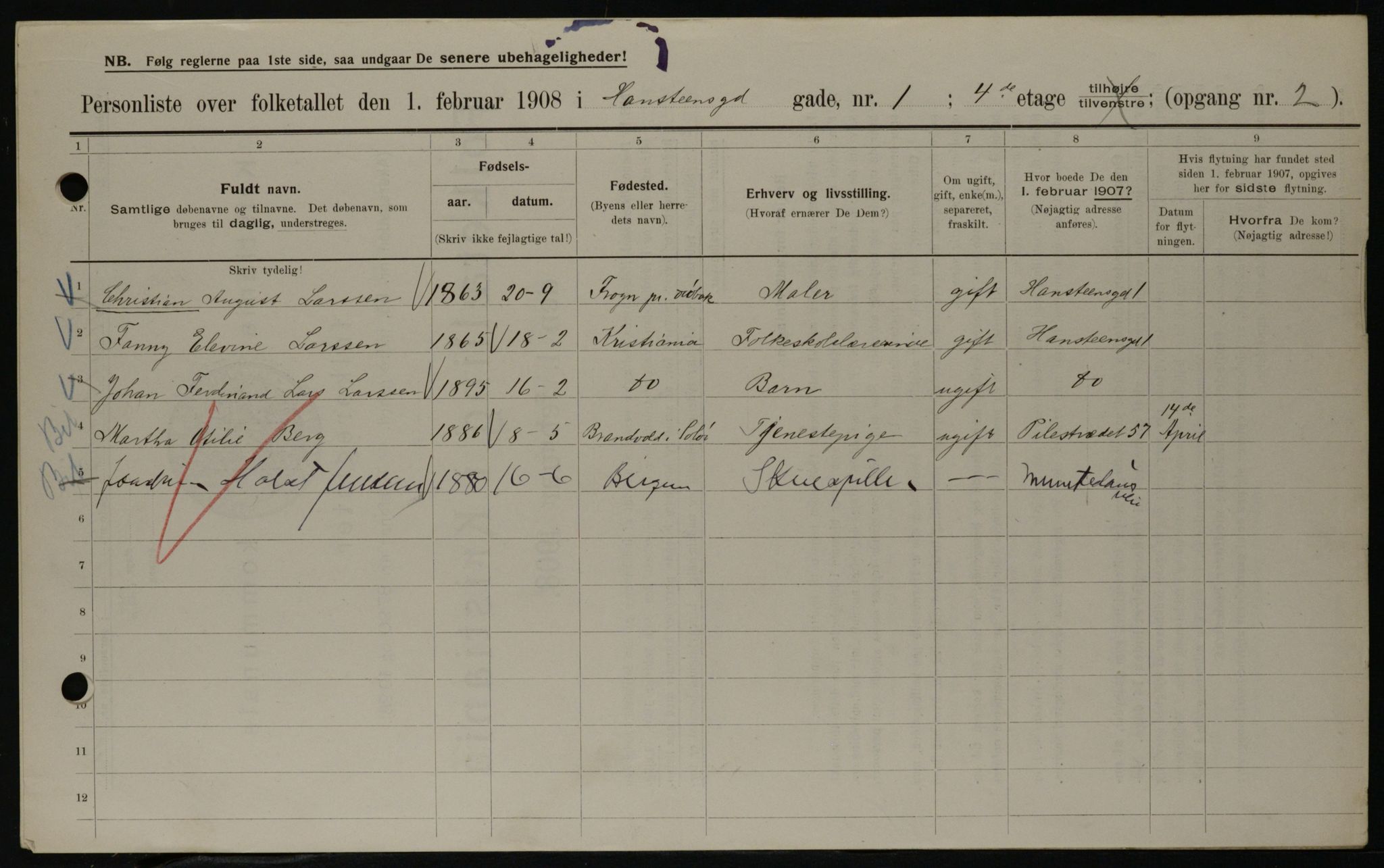 OBA, Municipal Census 1908 for Kristiania, 1908, p. 31311