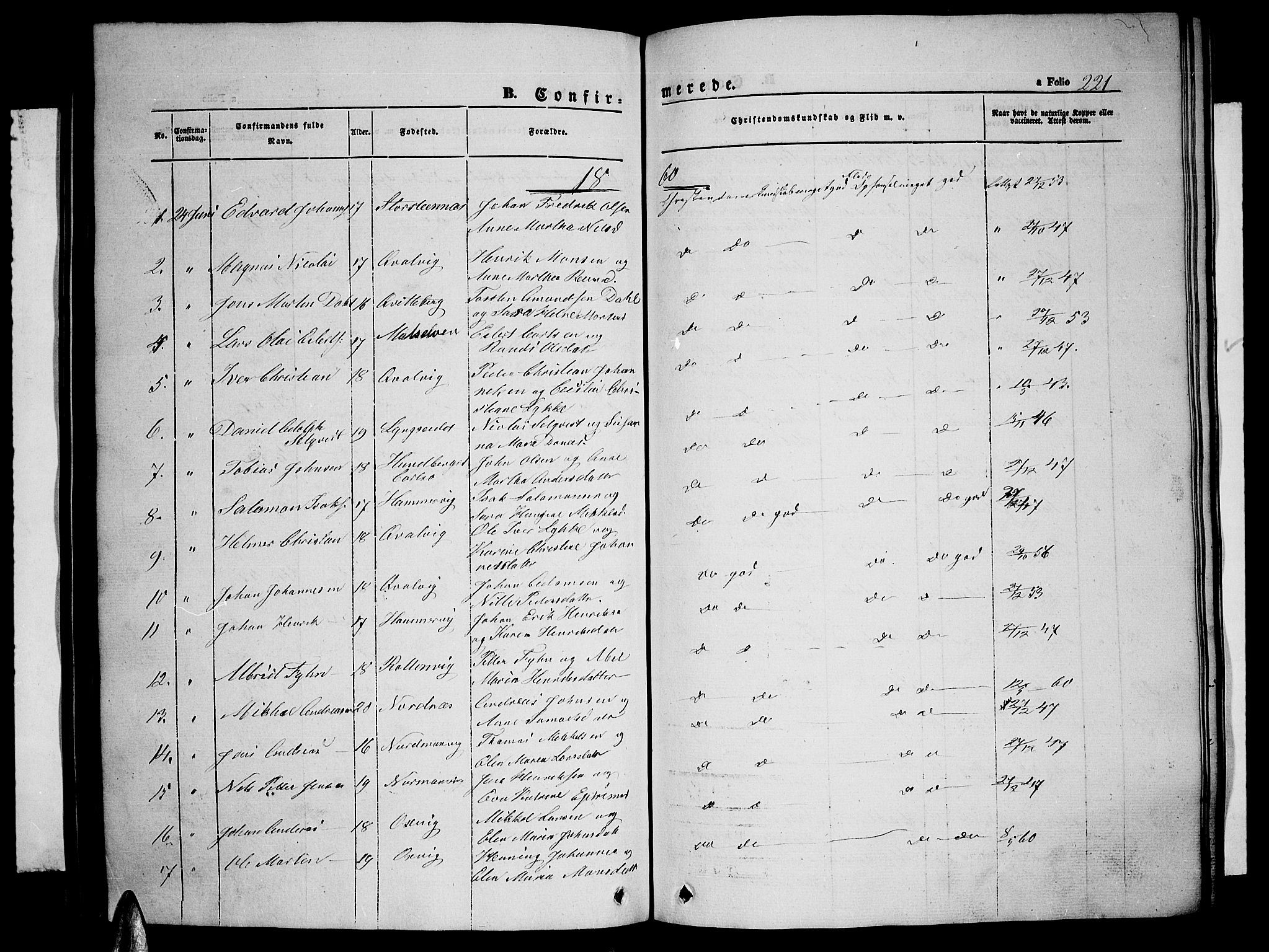 Lyngen sokneprestembete, SATØ/S-1289/H/He/Heb/L0002klokker: Parish register (copy) no. 2, 1839-1860, p. 221