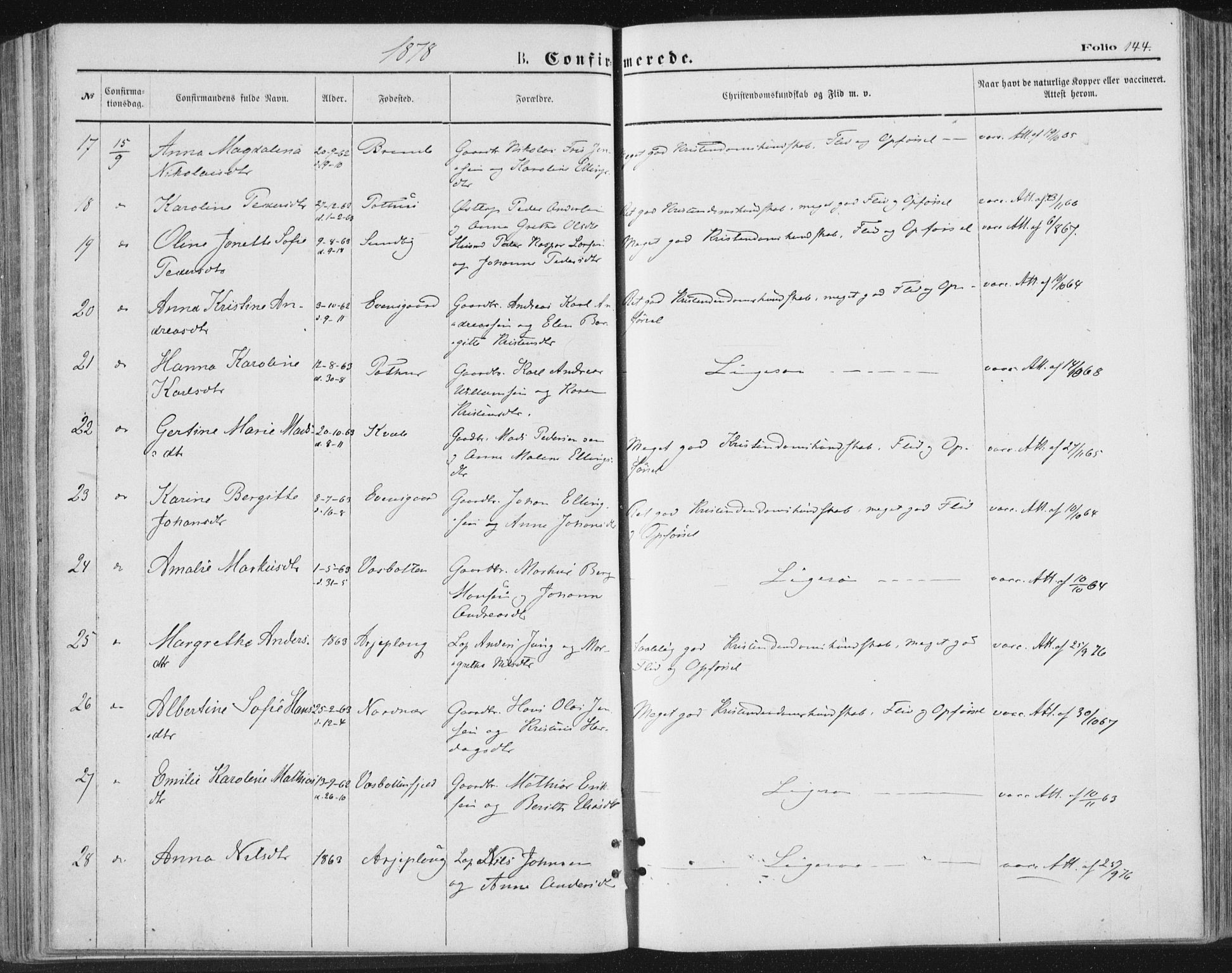 Ministerialprotokoller, klokkerbøker og fødselsregistre - Nordland, AV/SAT-A-1459/847/L0668: Parish register (official) no. 847A08, 1872-1886, p. 144