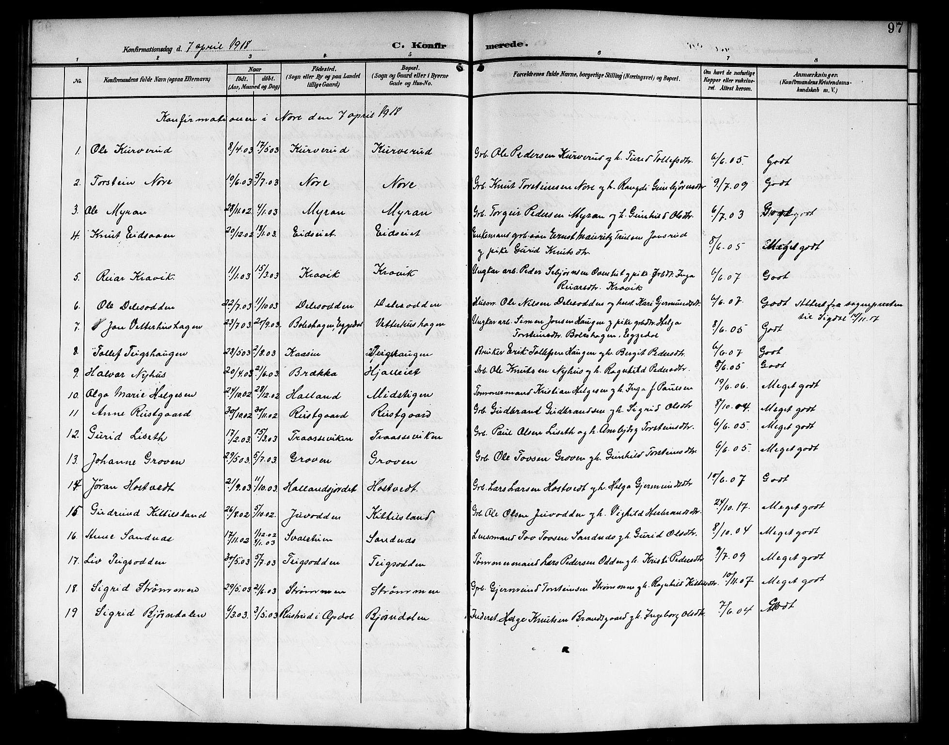 Nore kirkebøker, AV/SAKO-A-238/G/Ga/L0004: Parish register (copy) no. I 4, 1904-1919, p. 97