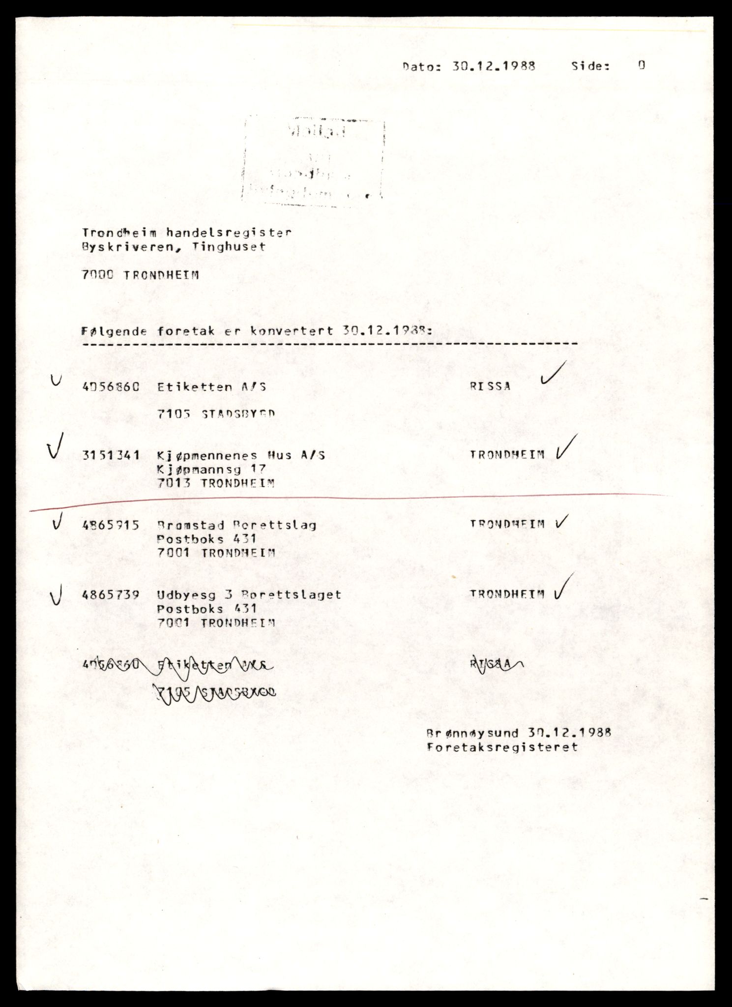 Trondheim byfogd, AV/SAT-A-0003/2/J/Jd/Jdd/L0028: Aksjeselskap, Kj-Ko, 1944-1990, p. 1