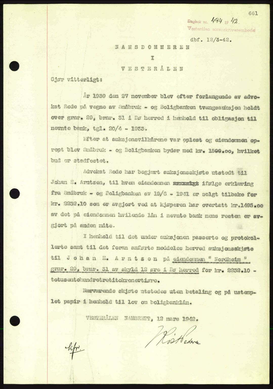Vesterålen sorenskriveri, SAT/A-4180/1/2/2Ca: Mortgage book no. A12, 1941-1942, Diary no: : 494/1942