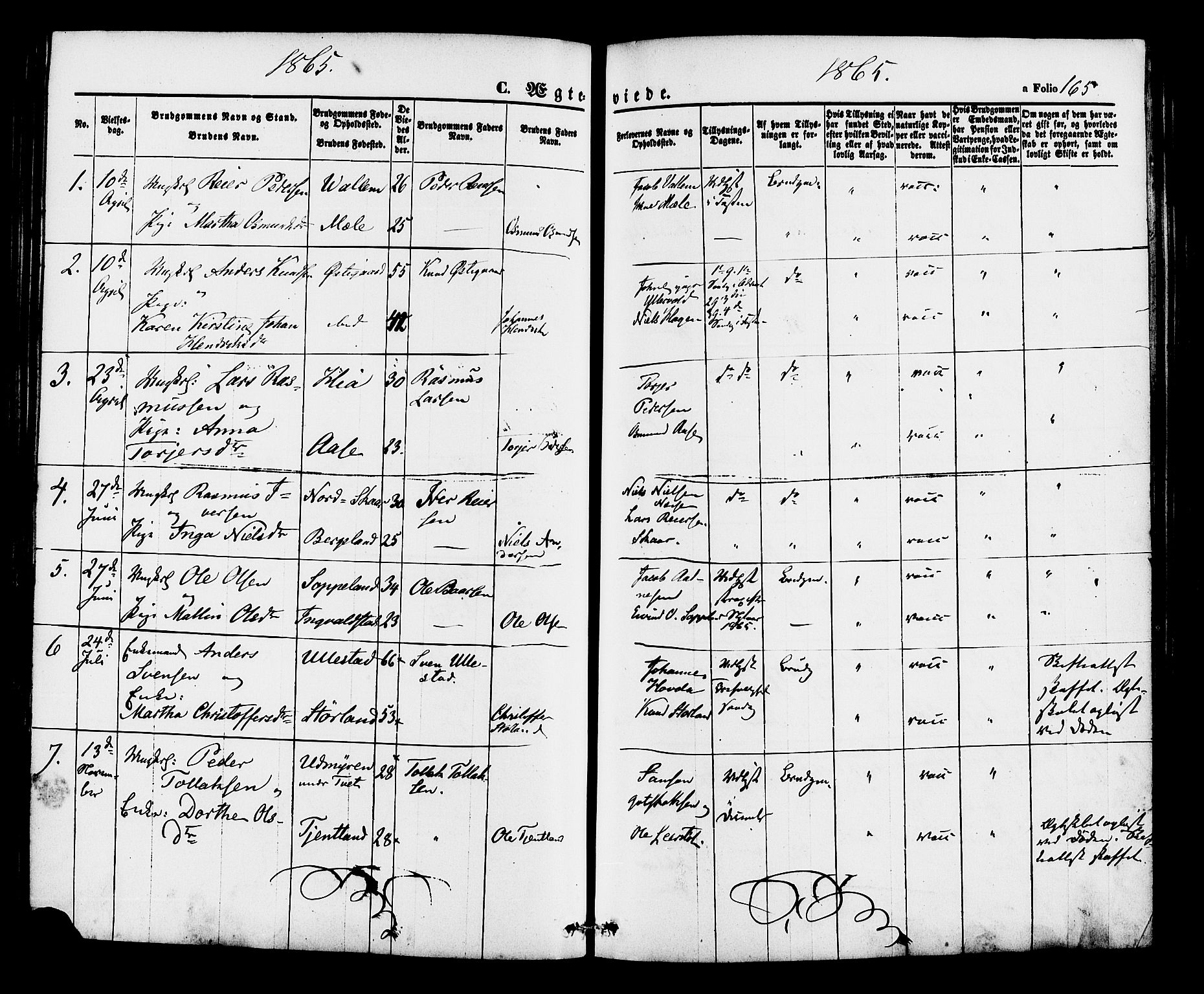 Hjelmeland sokneprestkontor, AV/SAST-A-101843/01/IV/L0012: Parish register (official) no. A 12, 1862-1886, p. 165