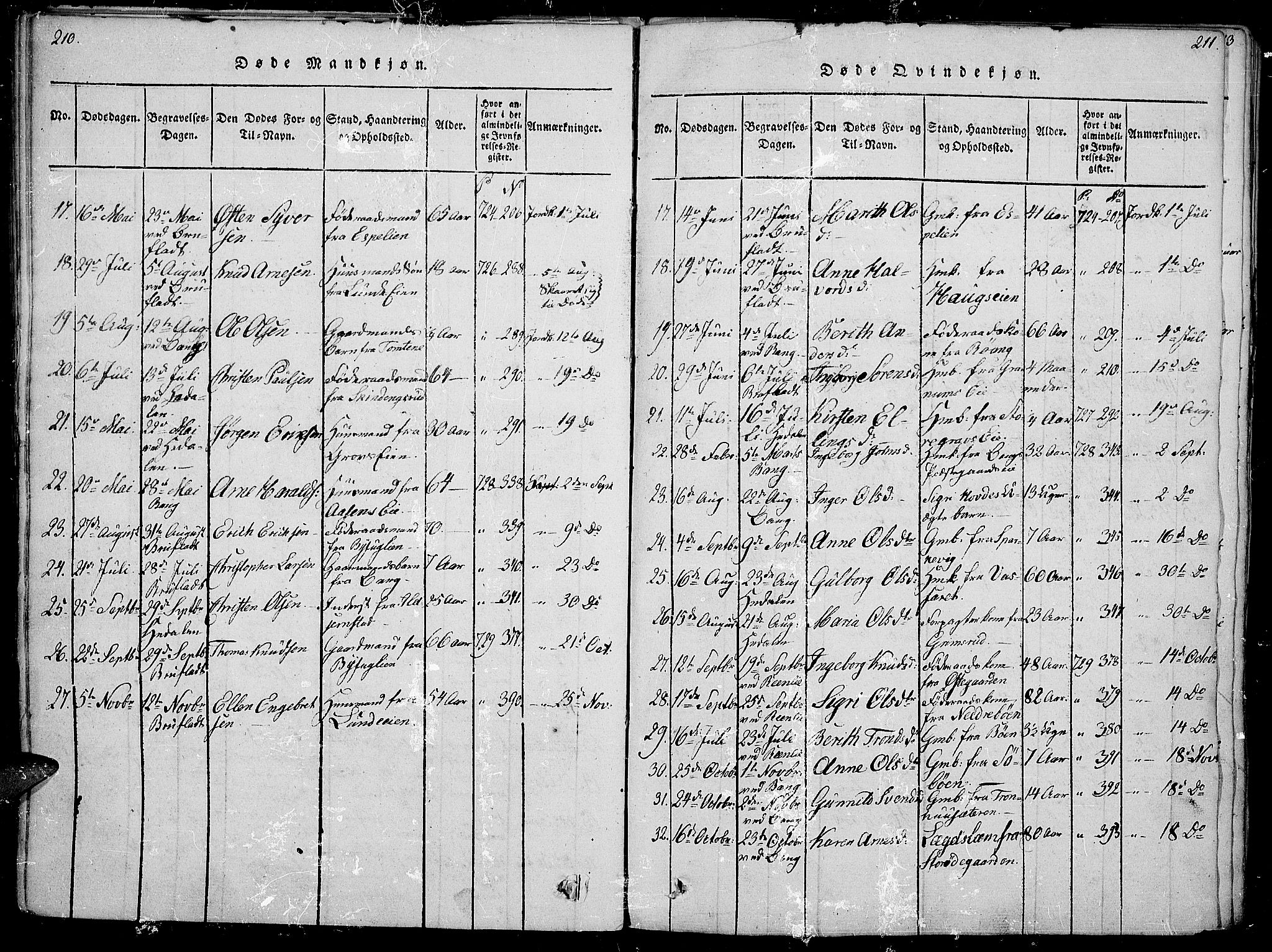 Sør-Aurdal prestekontor, SAH/PREST-128/H/Ha/Haa/L0002: Parish register (official) no. 2, 1815-1840, p. 210-211