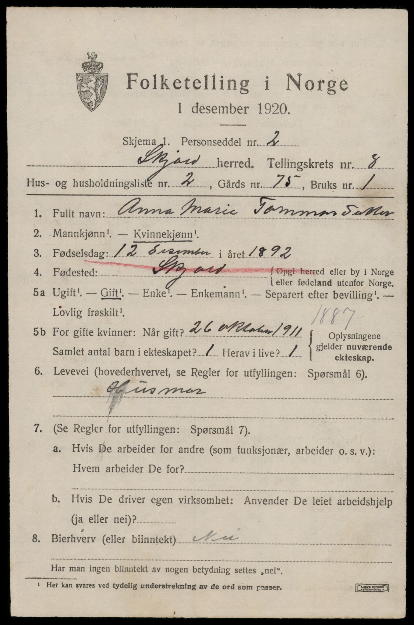 SAST, 1920 census for Skjold, 1920, p. 4190