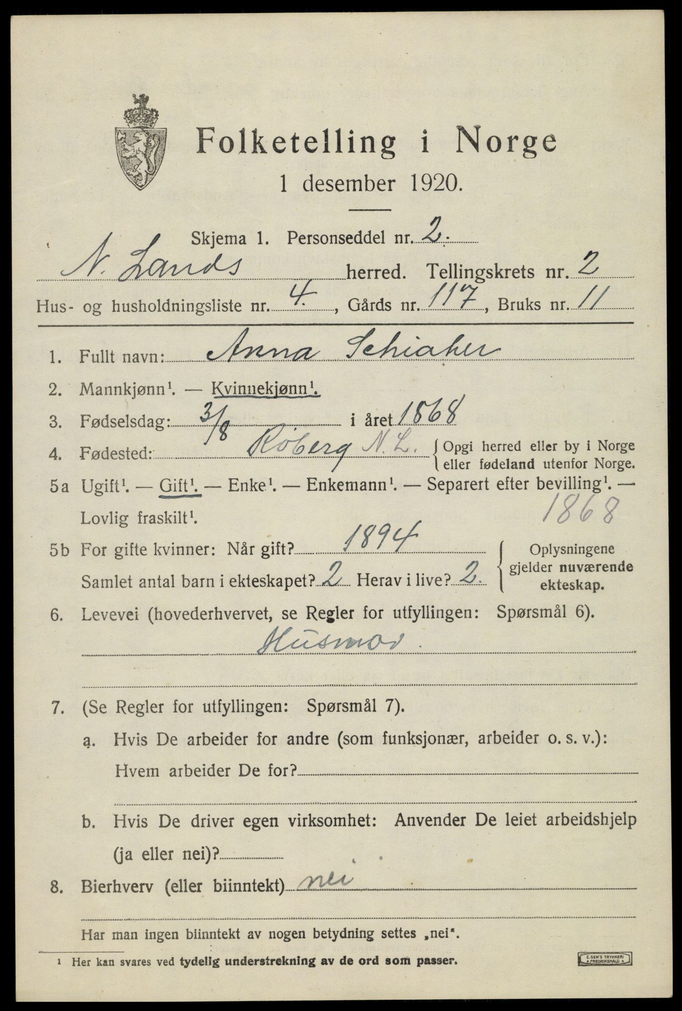 SAH, 1920 census for Nordre Land, 1920, p. 1680