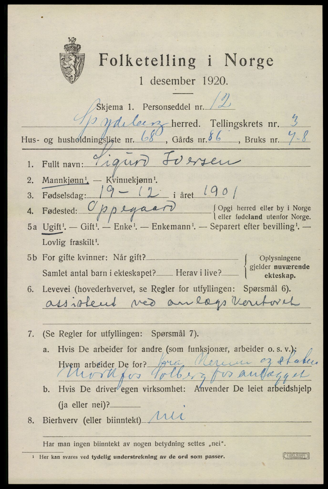 SAO, 1920 census for Spydeberg, 1920, p. 5107