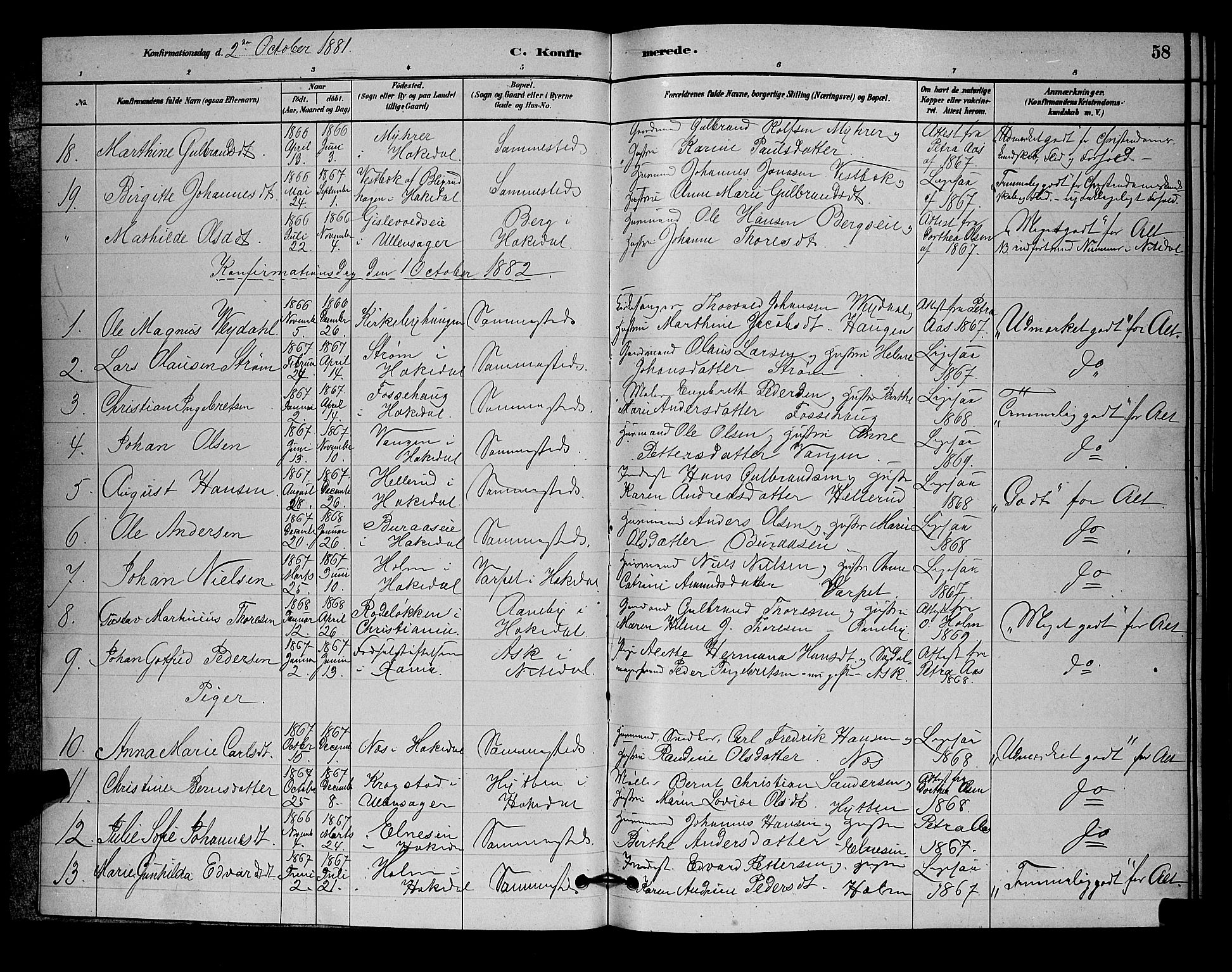 Nittedal prestekontor Kirkebøker, SAO/A-10365a/G/Gb/L0002: Parish register (copy) no. II 2, 1879-1901, p. 58