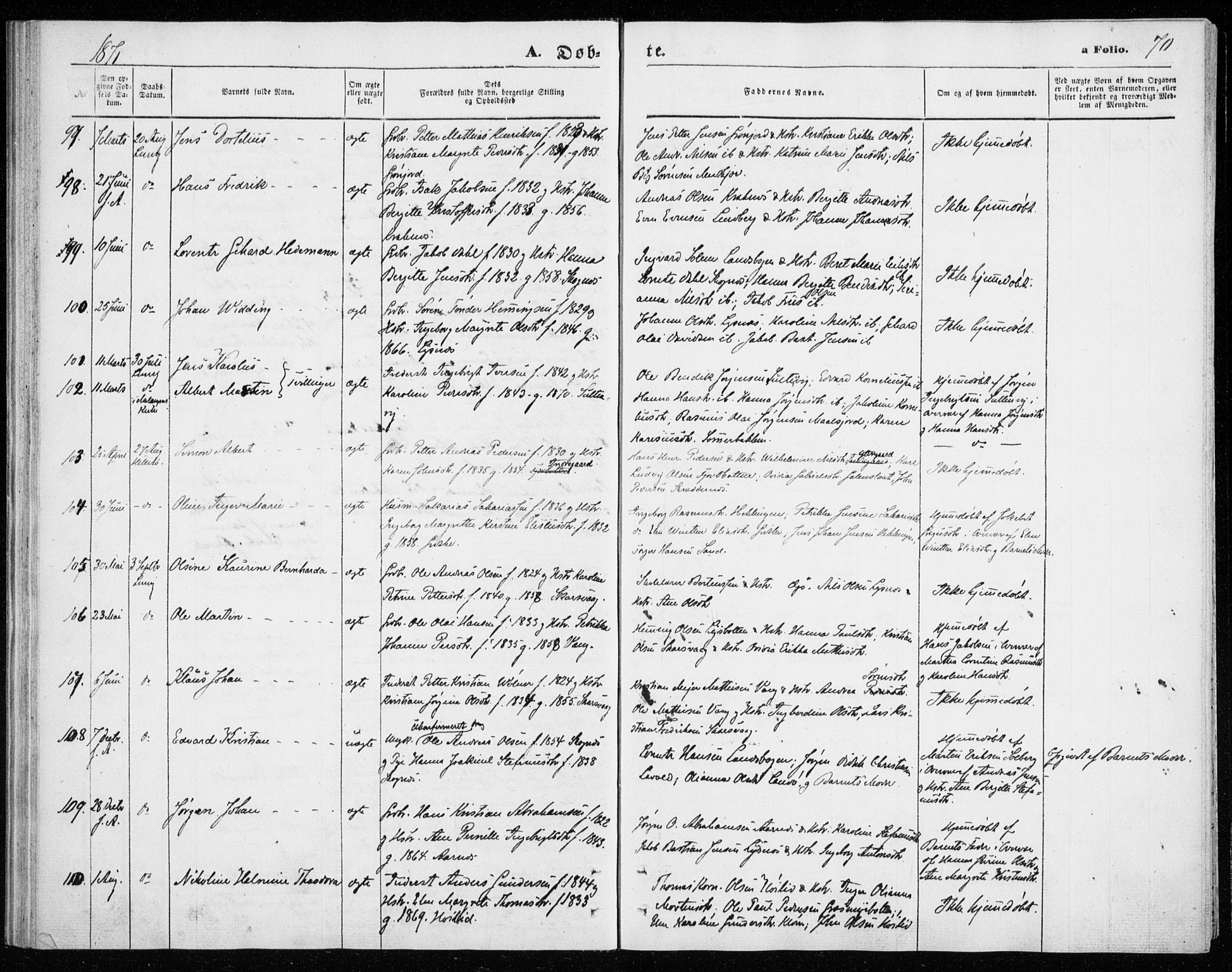Lenvik sokneprestembete, SATØ/S-1310/H/Ha/Haa/L0009kirke: Parish register (official) no. 9, 1866-1873, p. 70