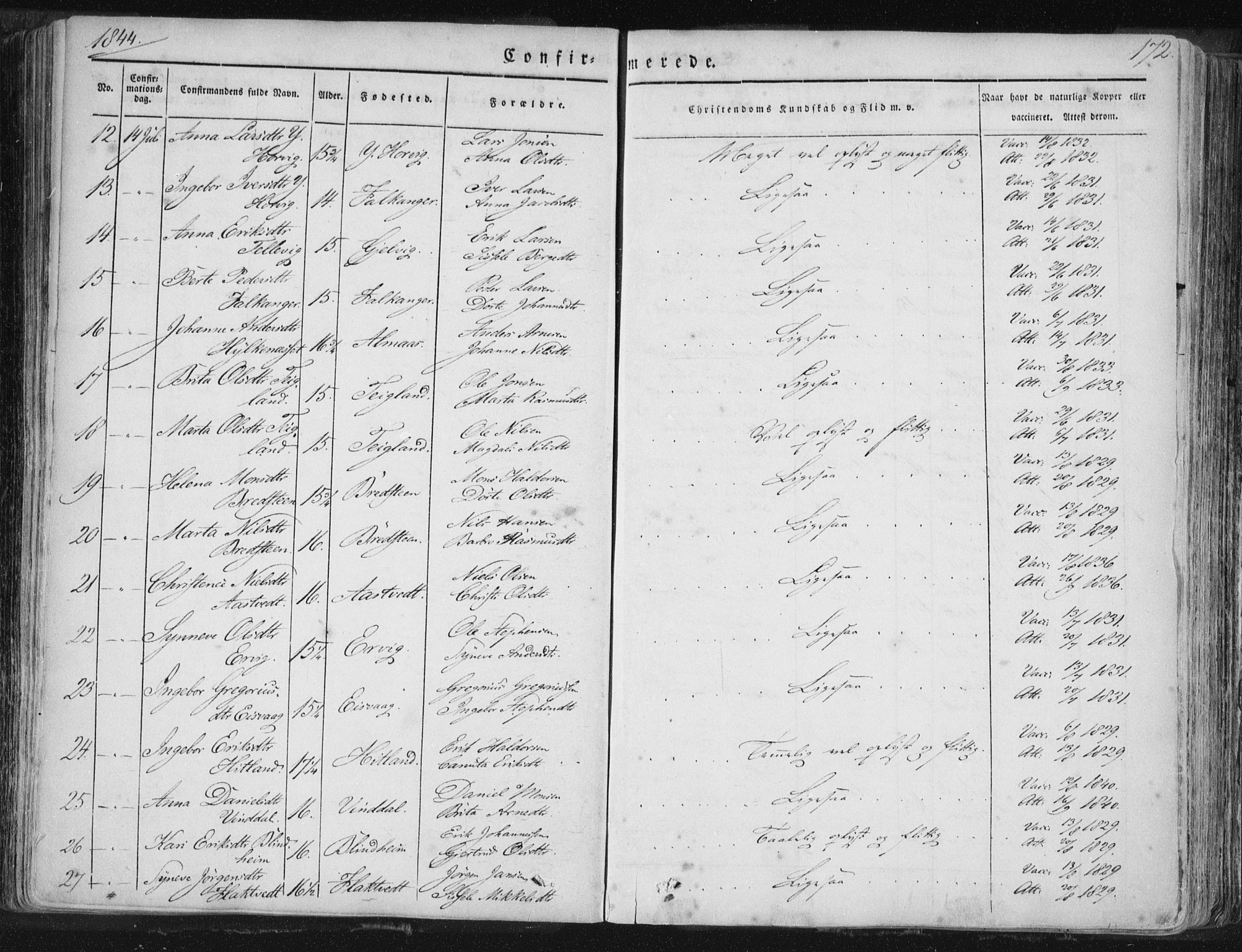 Hamre sokneprestembete, AV/SAB-A-75501/H/Ha/Haa/Haaa/L0012: Parish register (official) no. A 12, 1834-1845, p. 172