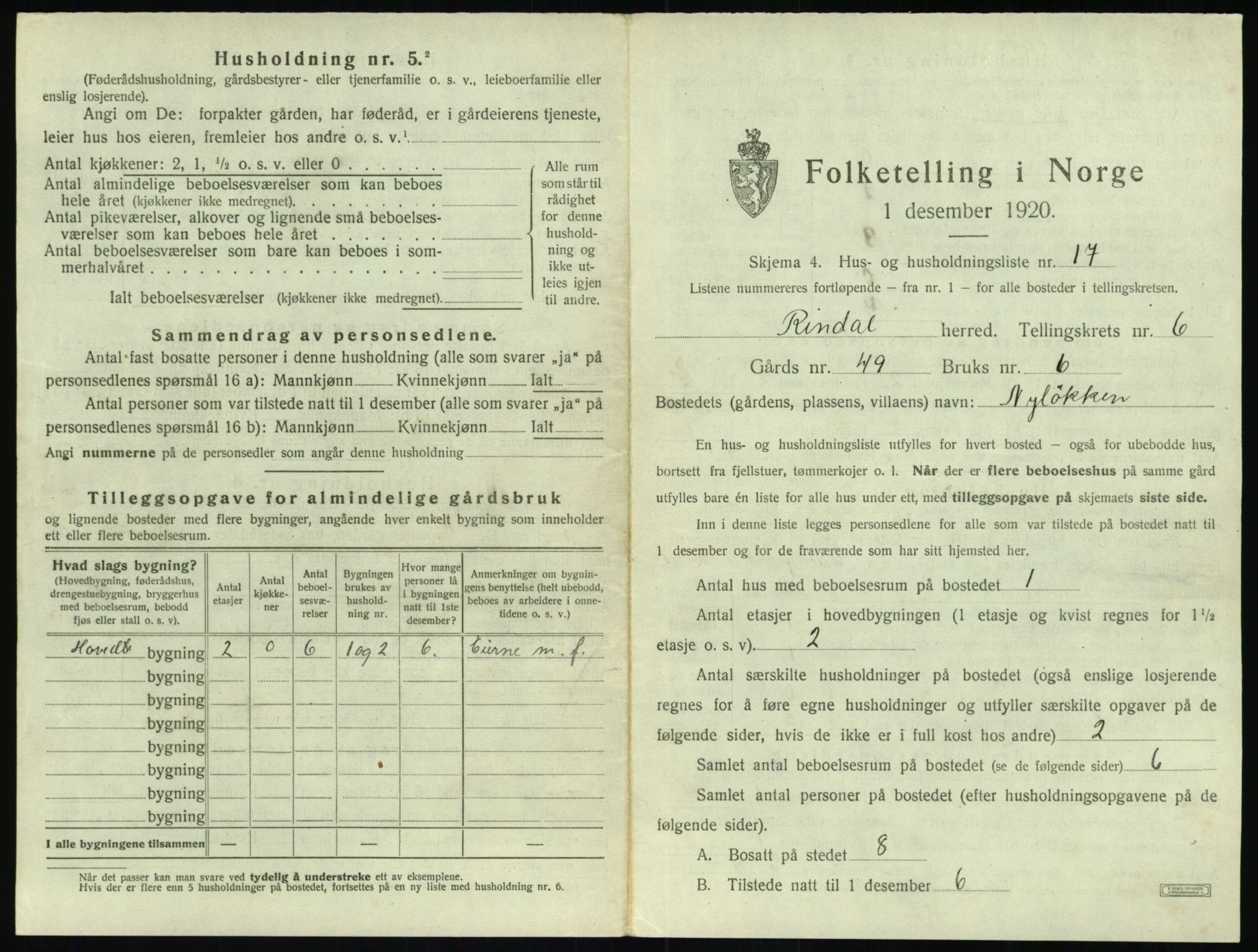 SAT, 1920 census for Rindal, 1920, p. 464