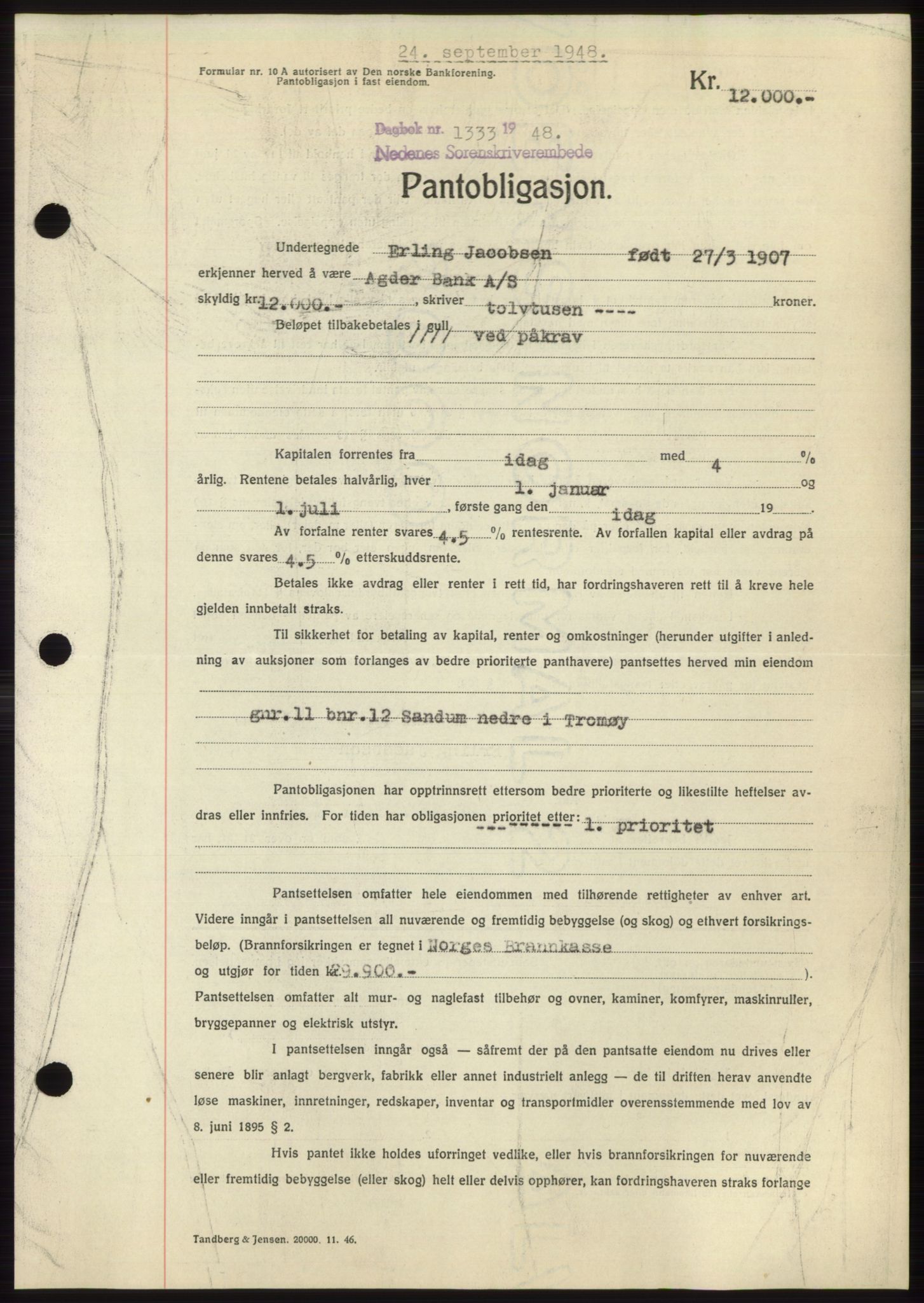 Nedenes sorenskriveri, AV/SAK-1221-0006/G/Gb/Gbb/L0005: Mortgage book no. B5, 1948-1948, Diary no: : 1333/1948