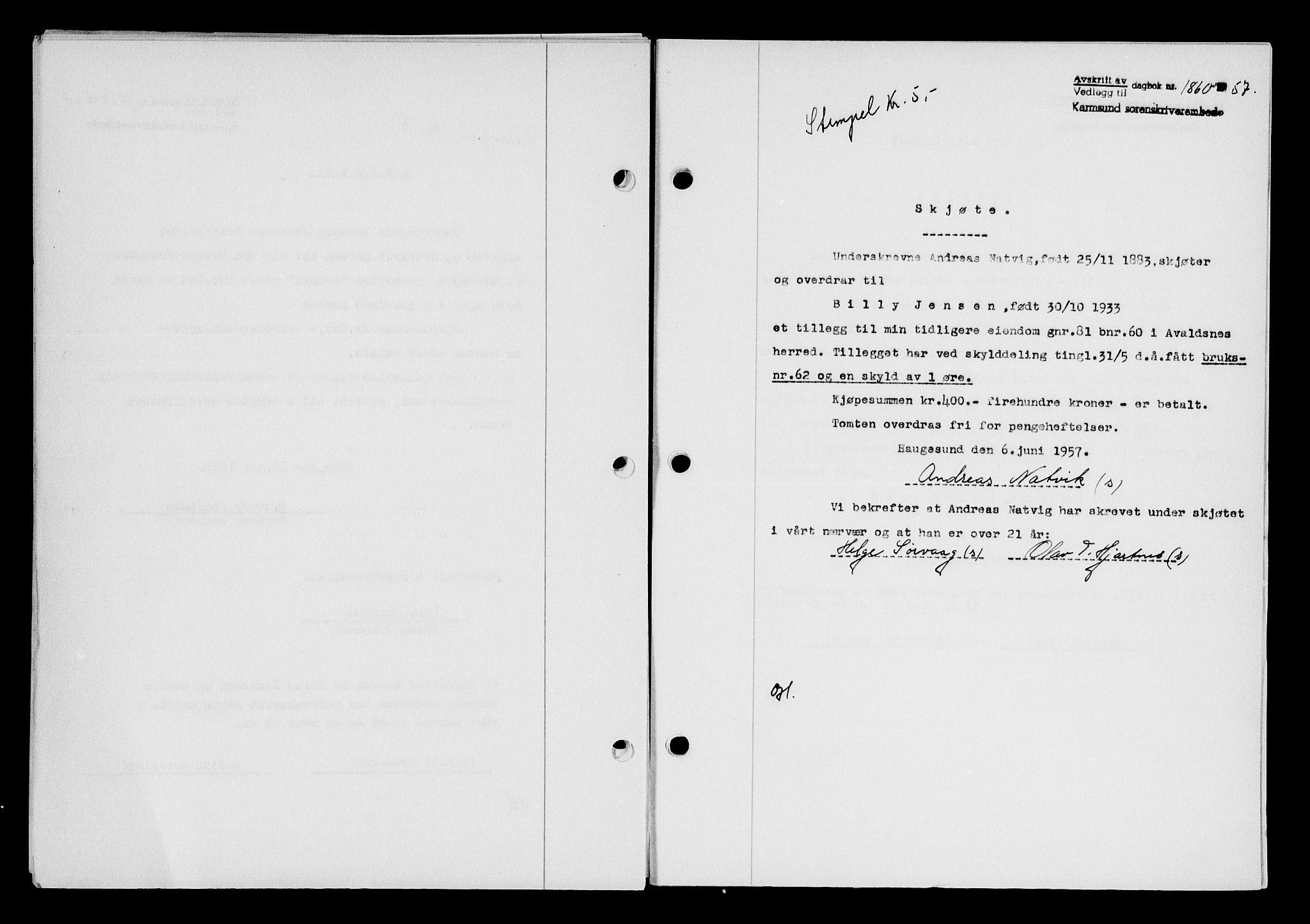 Karmsund sorenskriveri, AV/SAST-A-100311/01/II/IIB/L0125: Mortgage book no. 105A, 1957-1957, Diary no: : 1860/1957