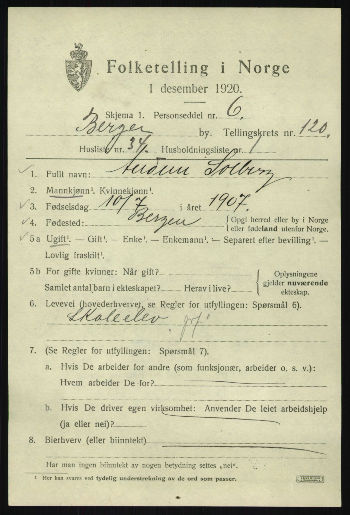 SAB, 1920 census for Bergen, 1920, p. 202008