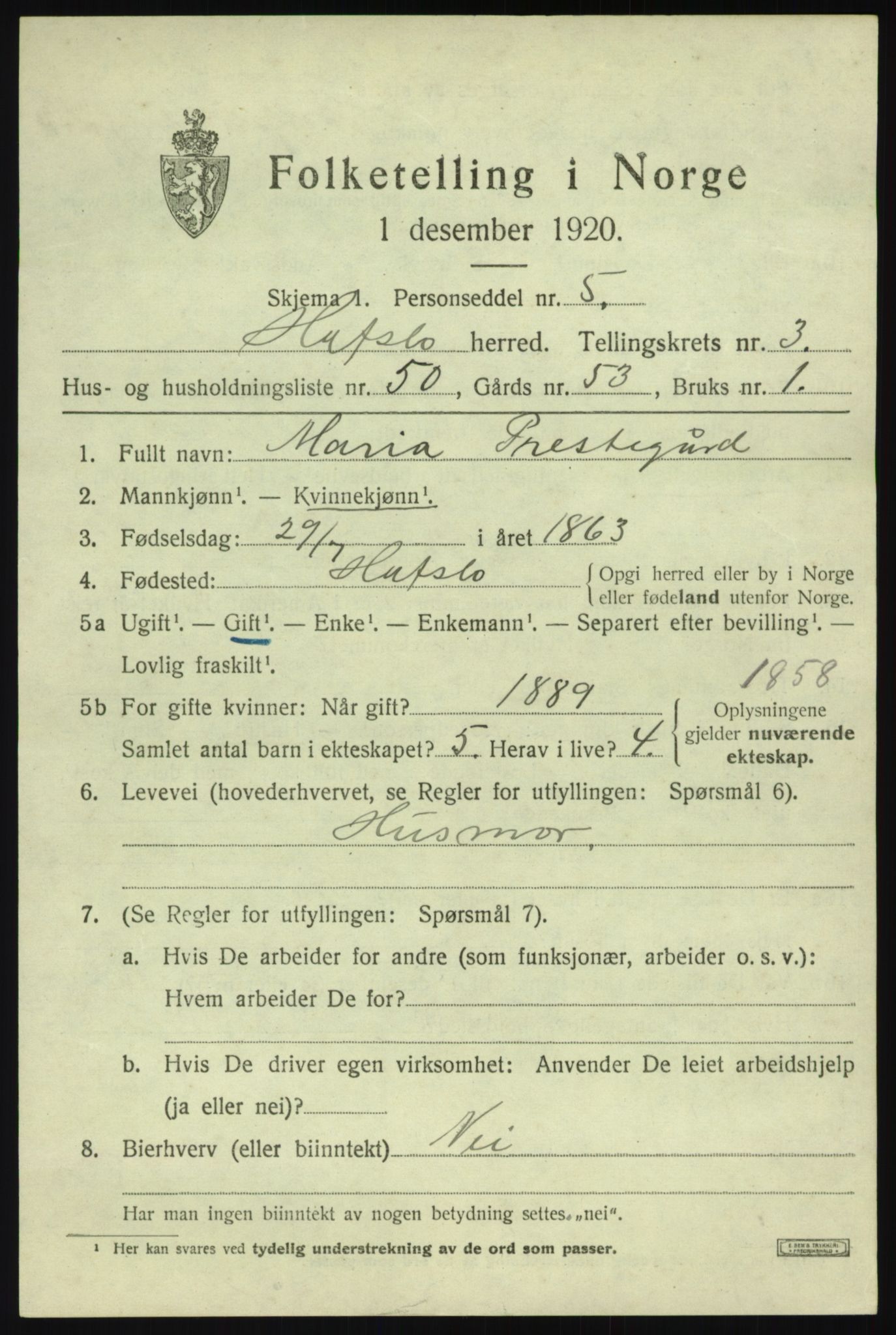 SAB, 1920 census for Hafslo, 1920, p. 2616