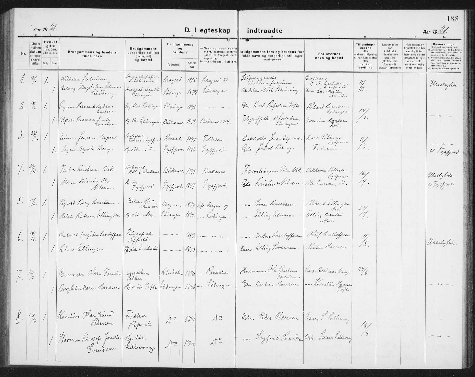 Ministerialprotokoller, klokkerbøker og fødselsregistre - Nordland, AV/SAT-A-1459/872/L1049: Parish register (copy) no. 872C05, 1920-1938, p. 188