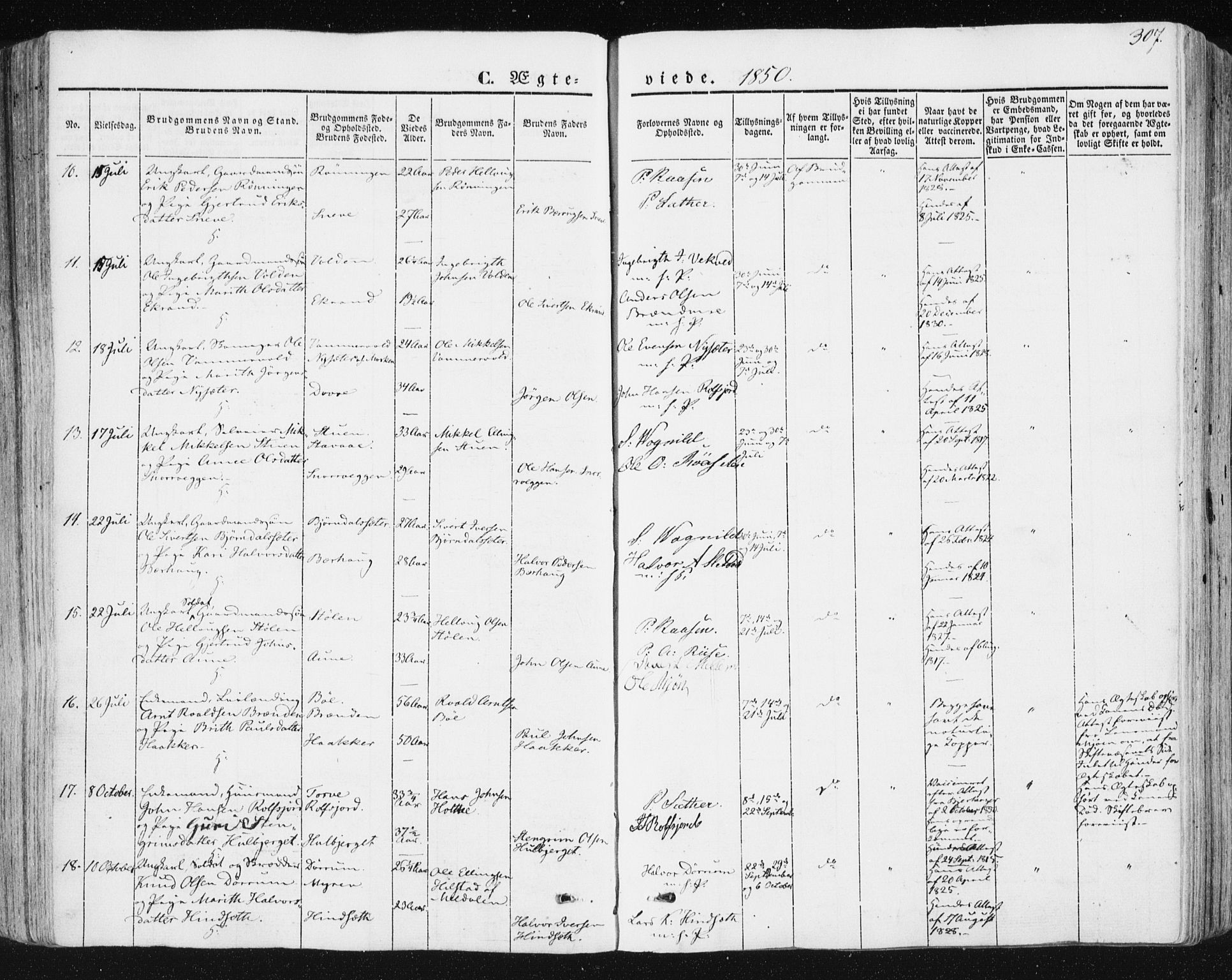 Ministerialprotokoller, klokkerbøker og fødselsregistre - Sør-Trøndelag, SAT/A-1456/678/L0899: Parish register (official) no. 678A08, 1848-1872, p. 307