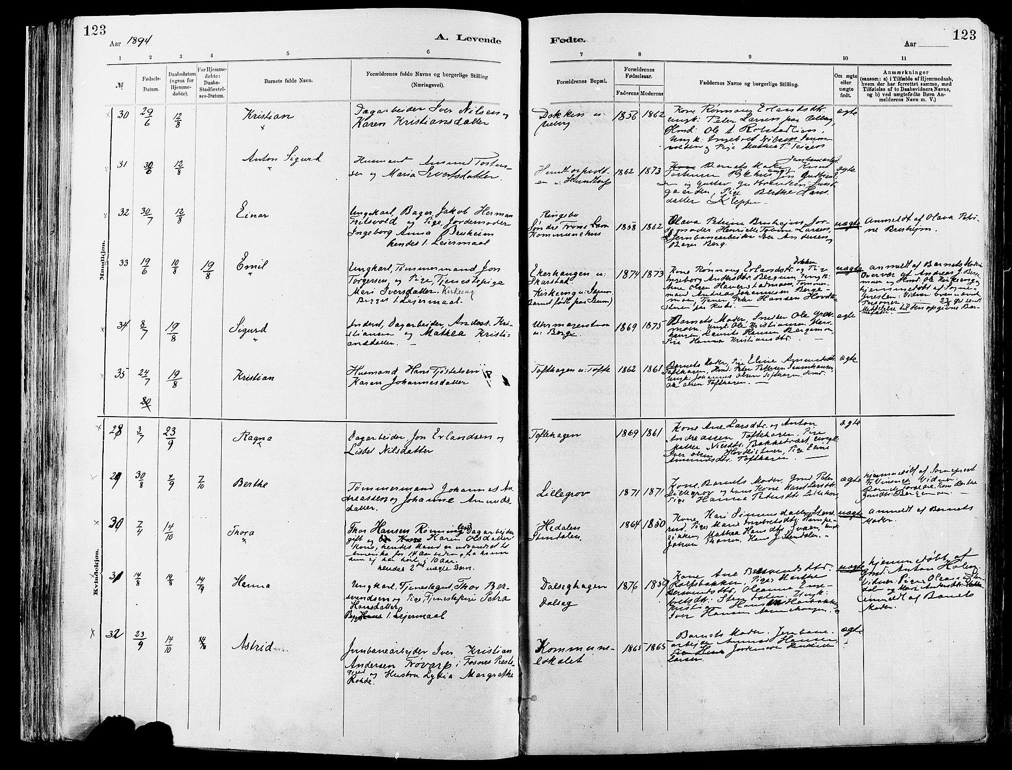 Sør-Fron prestekontor, AV/SAH-PREST-010/H/Ha/Haa/L0003: Parish register (official) no. 3, 1881-1897, p. 123