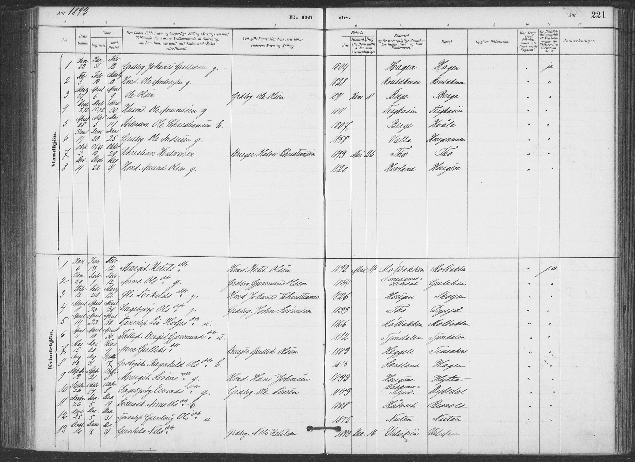 Hjartdal kirkebøker, AV/SAKO-A-270/F/Fa/L0010: Parish register (official) no. I 10, 1880-1929, p. 221