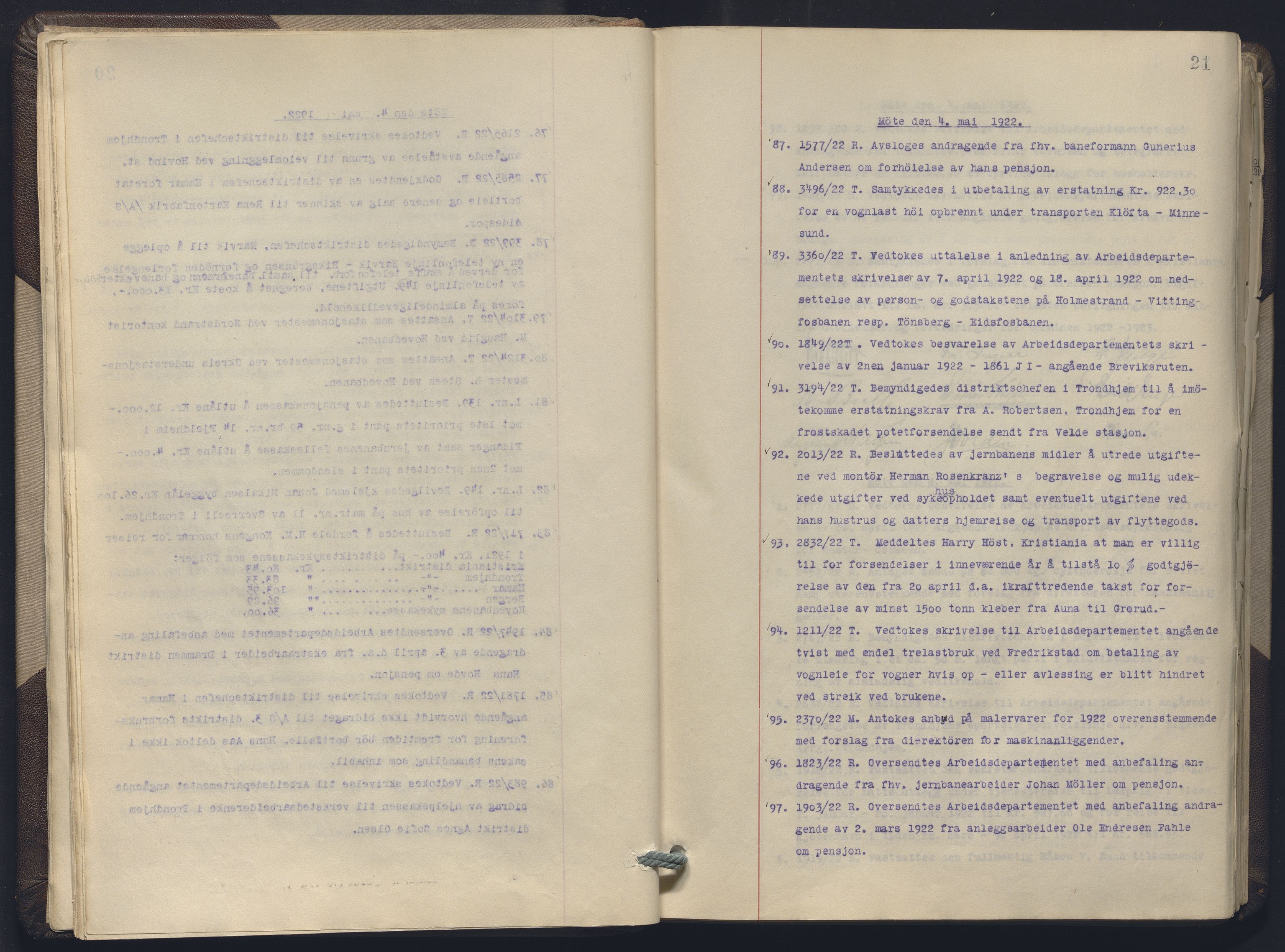 Norges statsbaner, Administrasjons- økonomi- og personalavdelingen, AV/RA-S-3412/A/Aa/L0019: Forhandlingsprotokoll, 1922-1924, p. 21