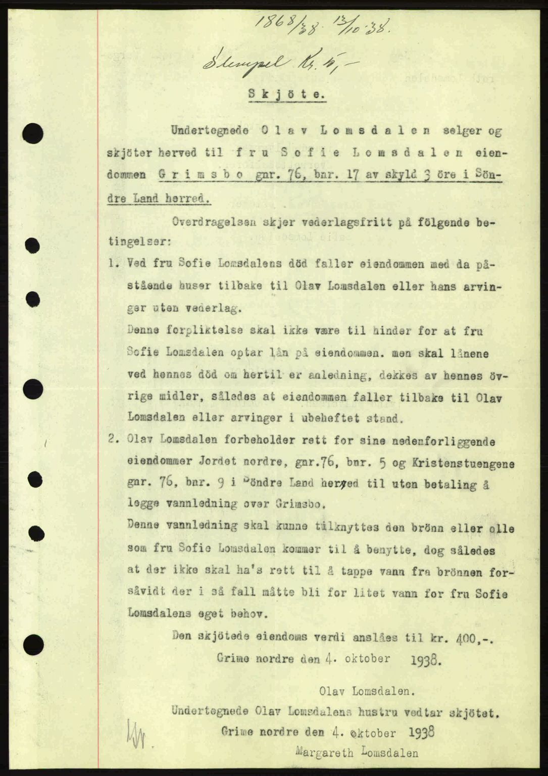 Hadeland og Land tingrett, AV/SAH-TING-010/H/Hb/Hbb/L0077: Mortgage book no. A77, 1938-1939, Diary no: : 1868/1938