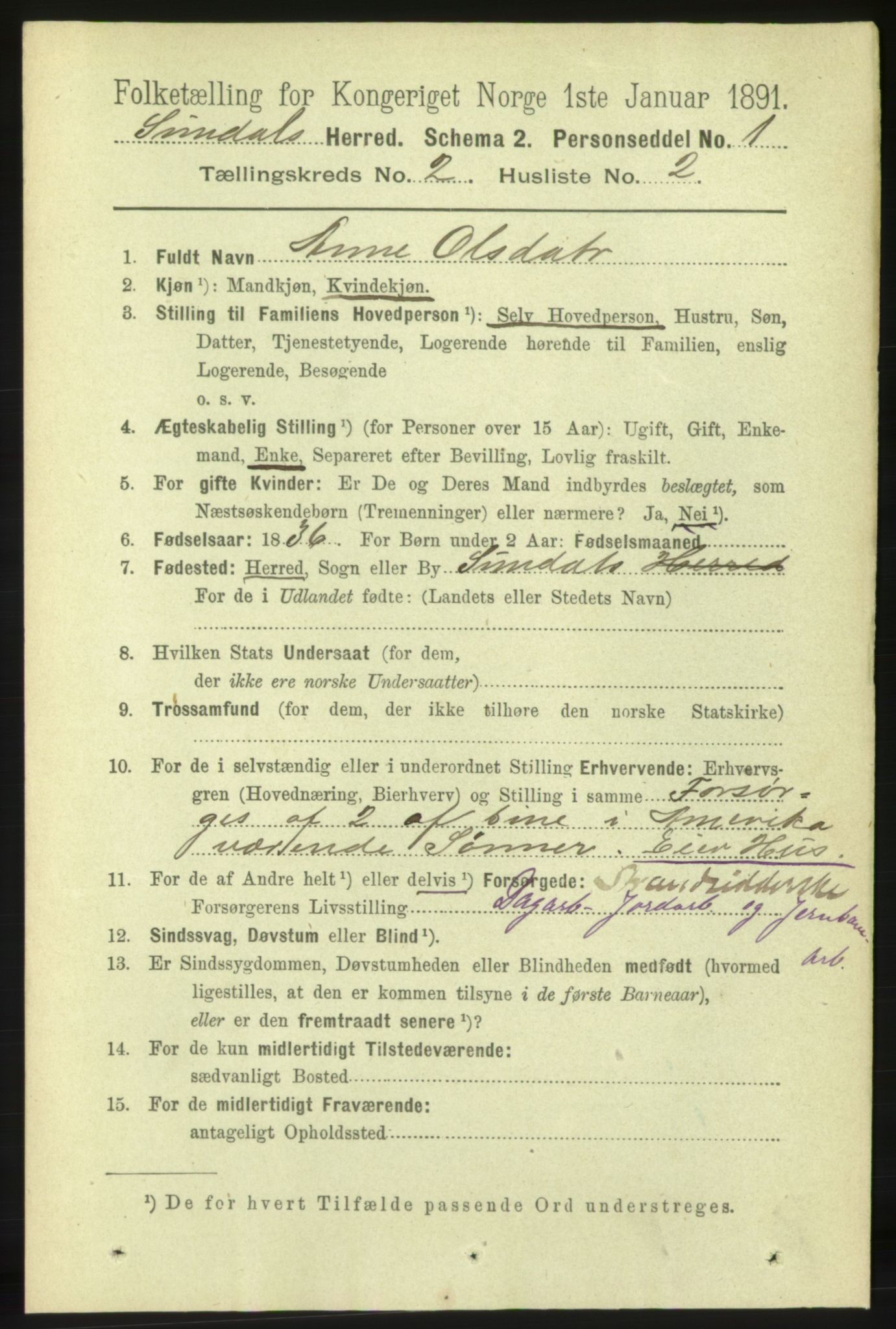 RA, 1891 census for 1563 Sunndal, 1891, p. 288