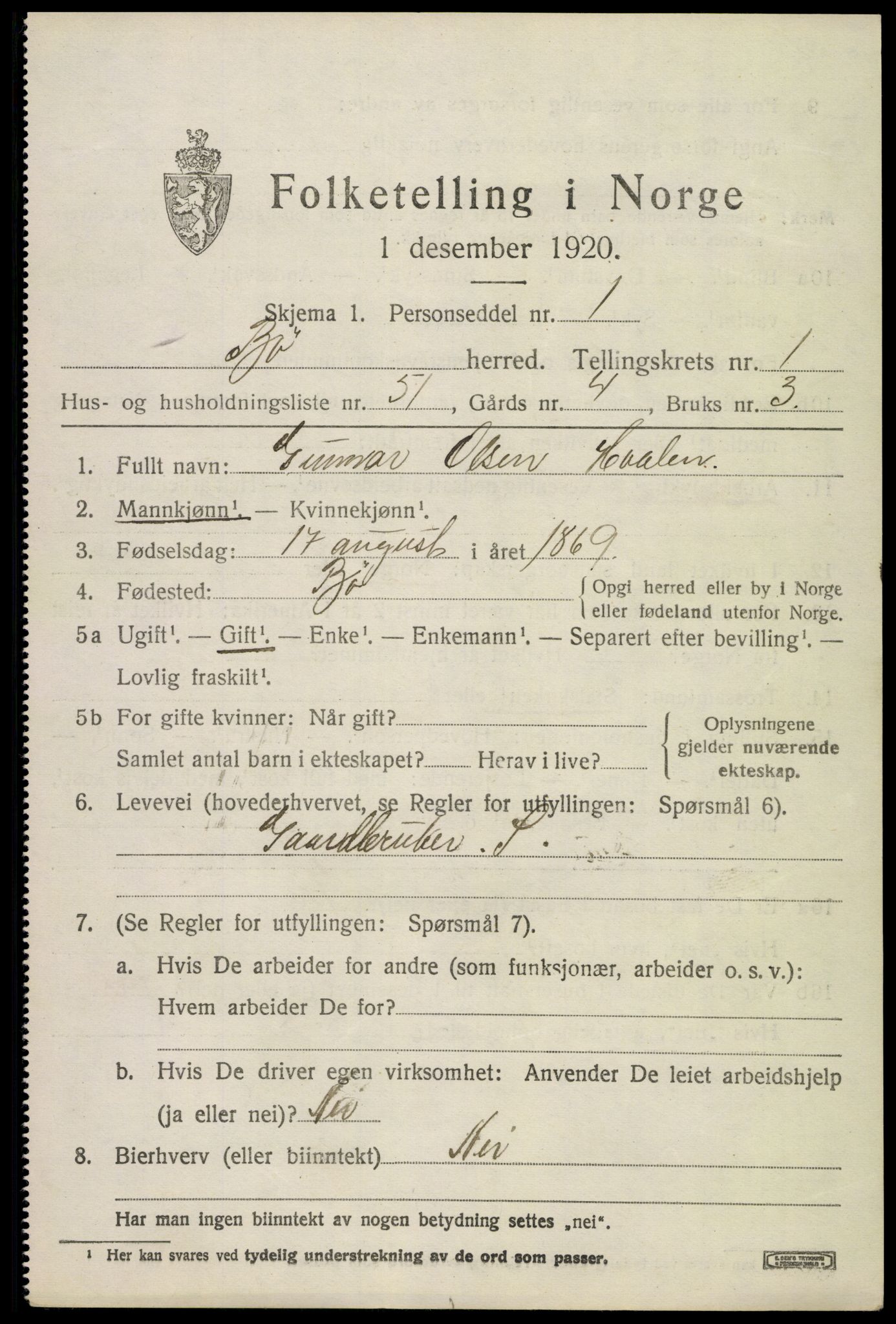 SAKO, 1920 census for Bø (Telemark), 1920, p. 1756