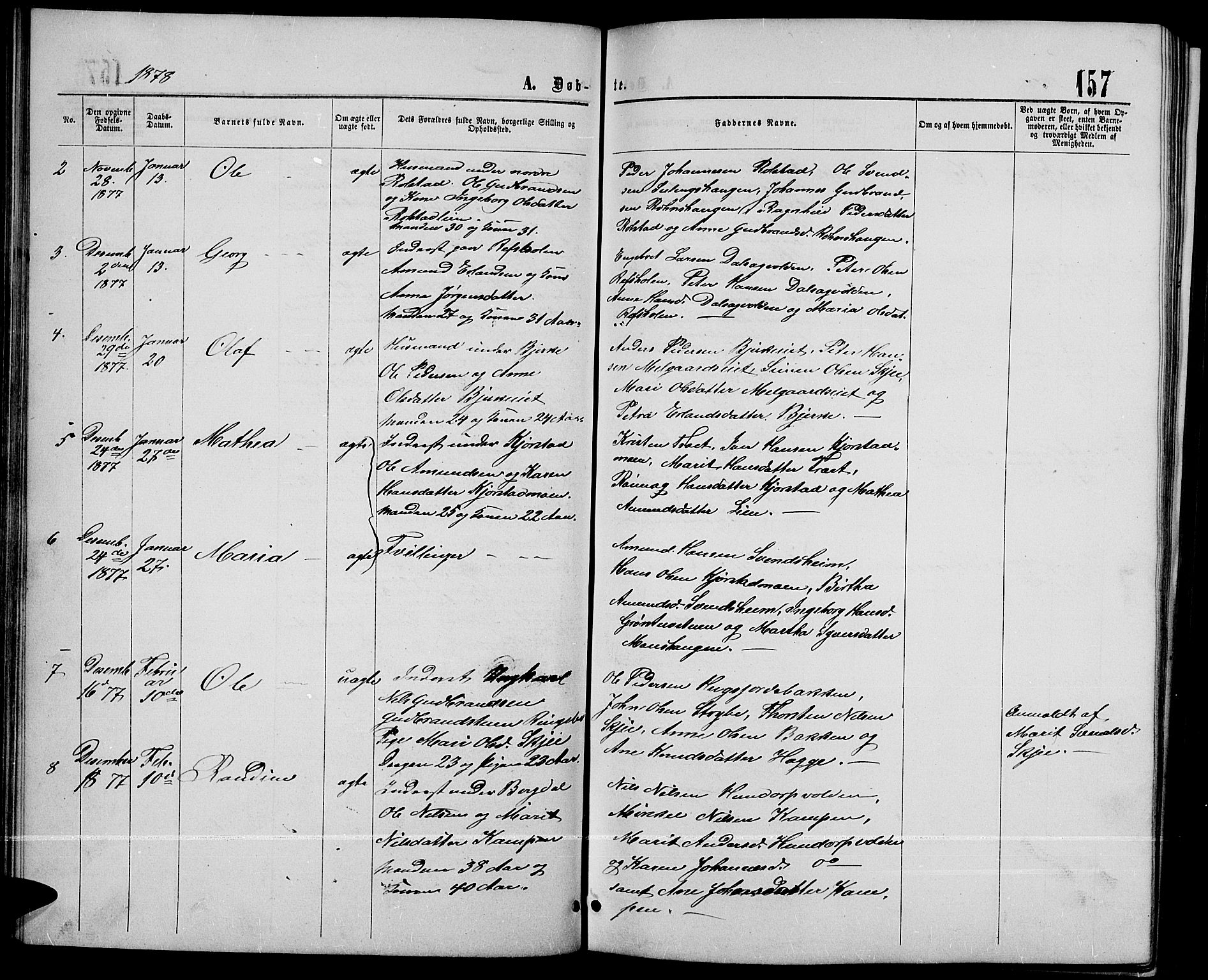 Sør-Fron prestekontor, SAH/PREST-010/H/Ha/Hab/L0002: Parish register (copy) no. 2, 1864-1883, p. 157