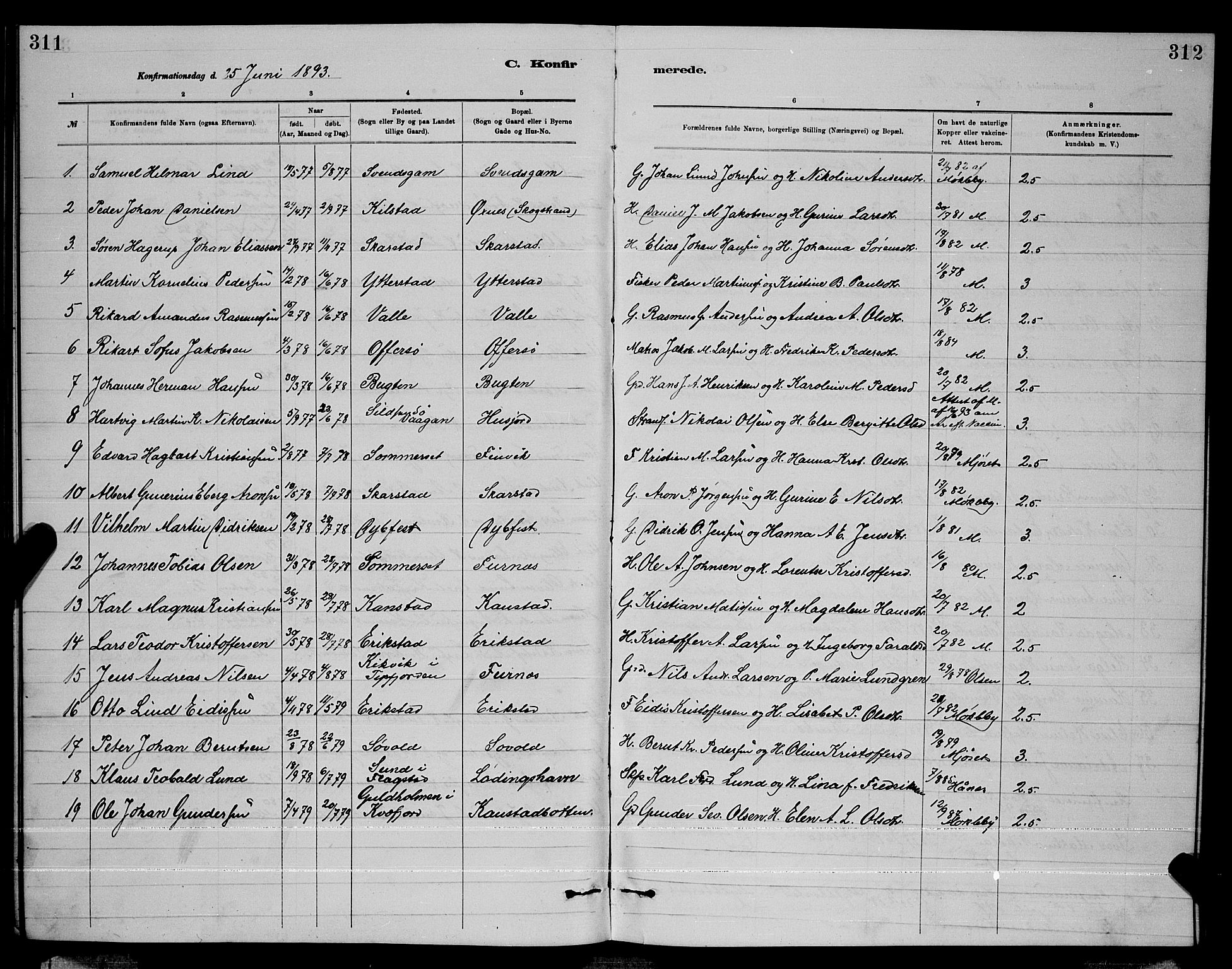 Ministerialprotokoller, klokkerbøker og fødselsregistre - Nordland, AV/SAT-A-1459/872/L1047: Parish register (copy) no. 872C03, 1880-1897, p. 311-312