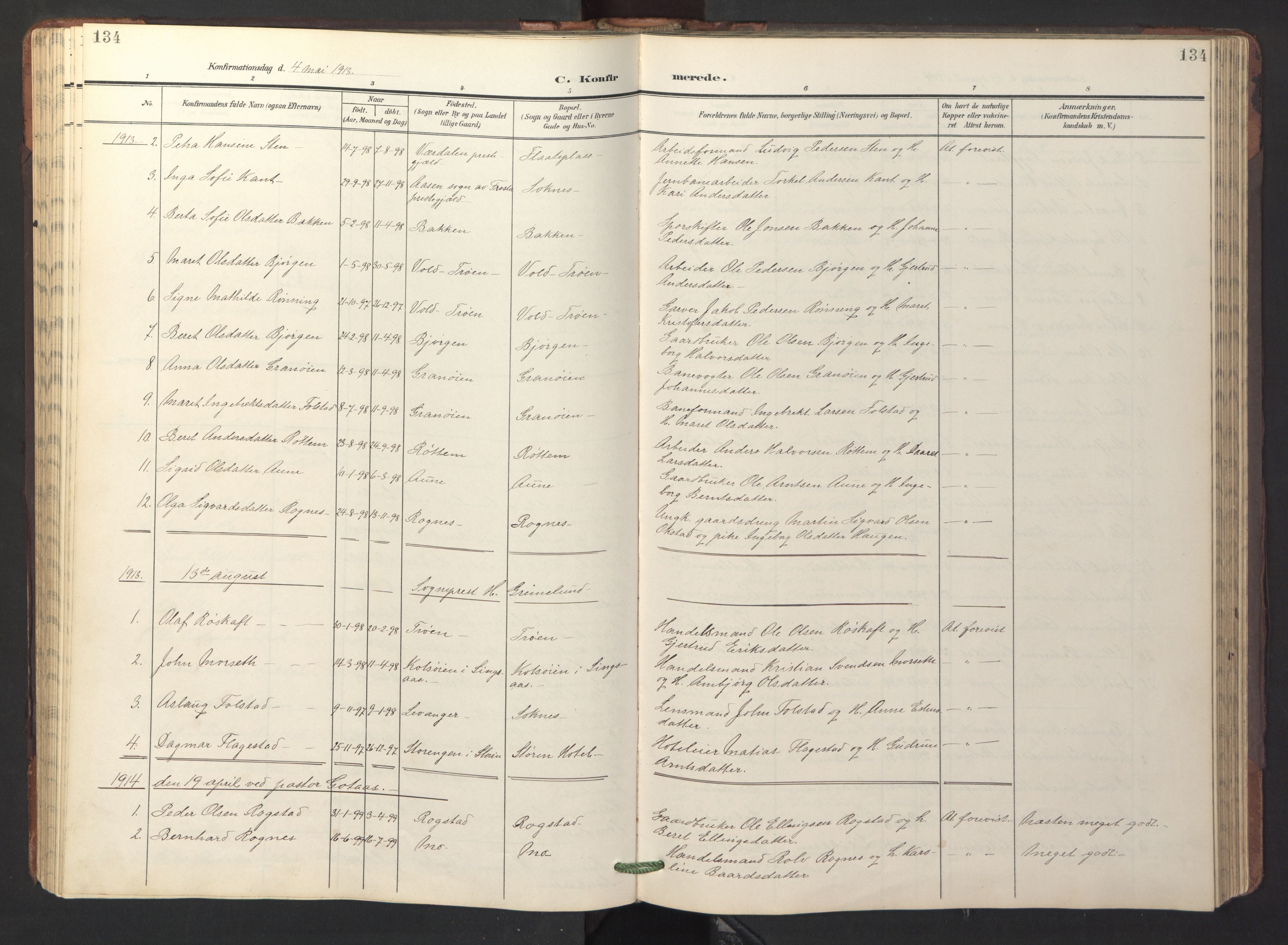 Ministerialprotokoller, klokkerbøker og fødselsregistre - Sør-Trøndelag, SAT/A-1456/687/L1019: Parish register (copy) no. 687C03, 1904-1931, p. 134