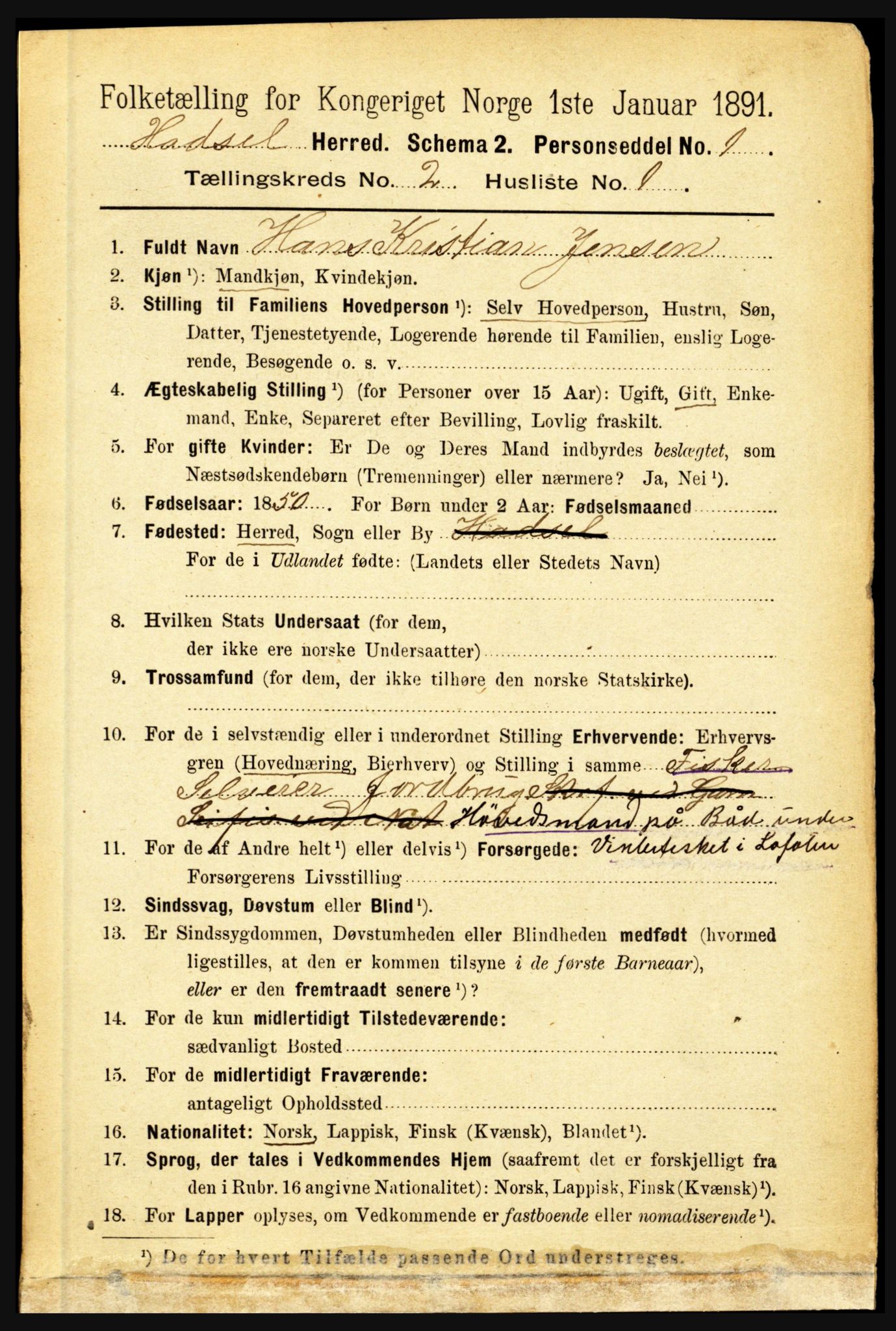 RA, 1891 census for 1866 Hadsel, 1891, p. 655