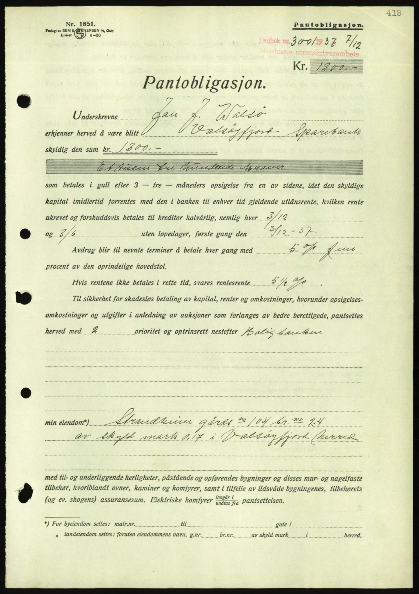 Nordmøre sorenskriveri, AV/SAT-A-4132/1/2/2Ca/L0092: Mortgage book no. B82, 1937-1938, Diary no: : 3001/1937