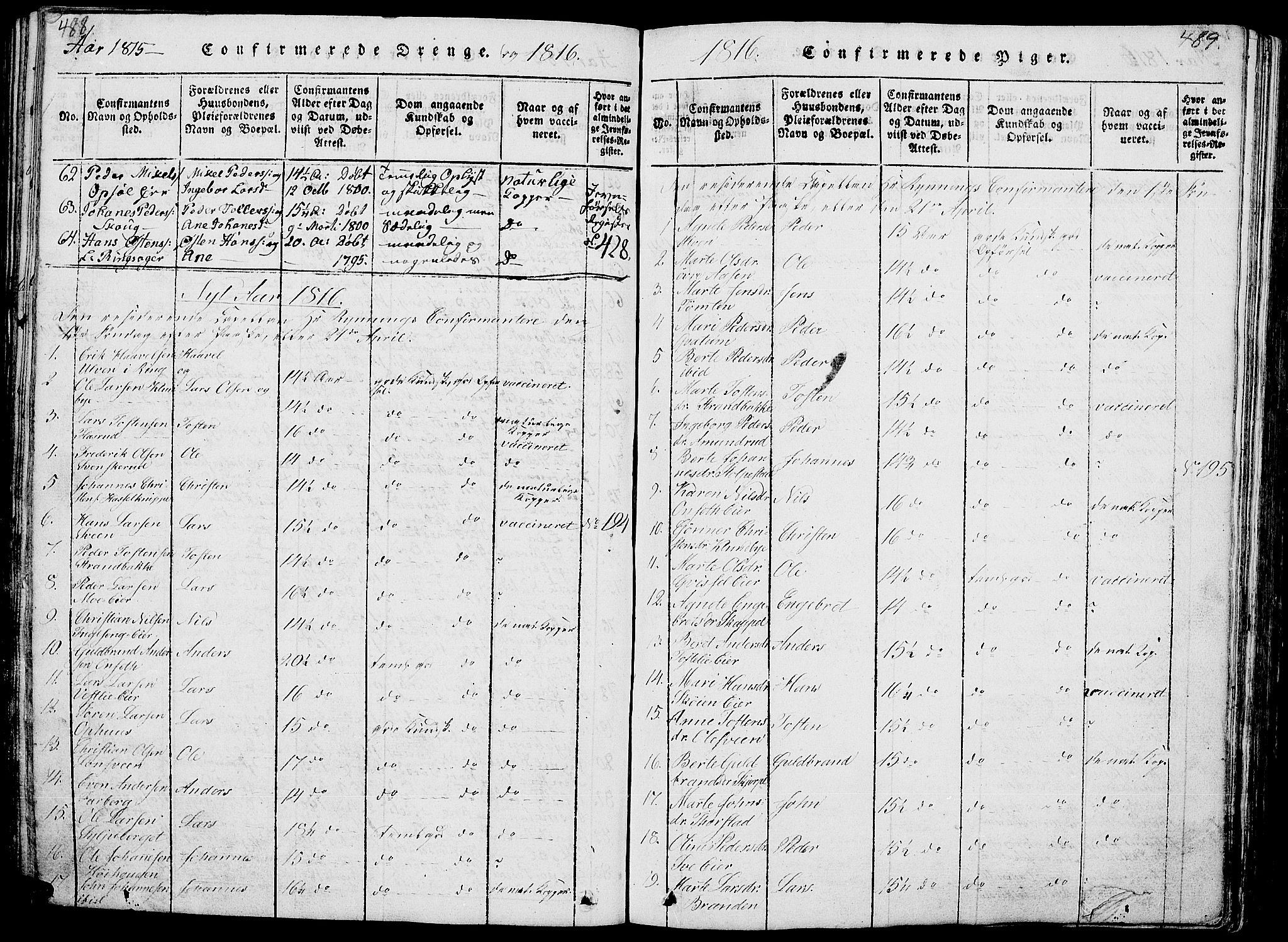 Ringsaker prestekontor, AV/SAH-PREST-014/L/La/L0001: Parish register (copy) no. 1, 1814-1826, p. 488-489