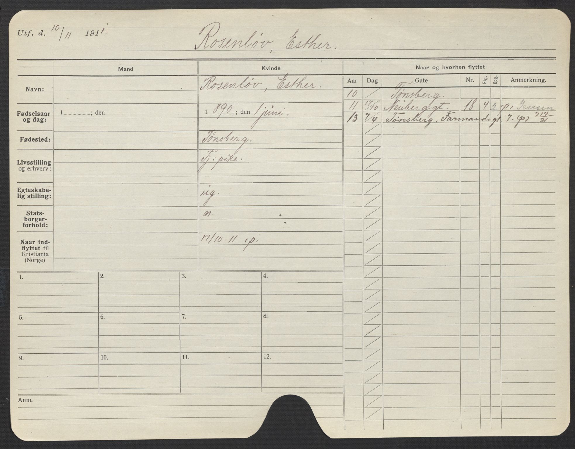 Oslo folkeregister, Registerkort, AV/SAO-A-11715/F/Fa/Fac/L0023: Kvinner, 1906-1914, p. 274a