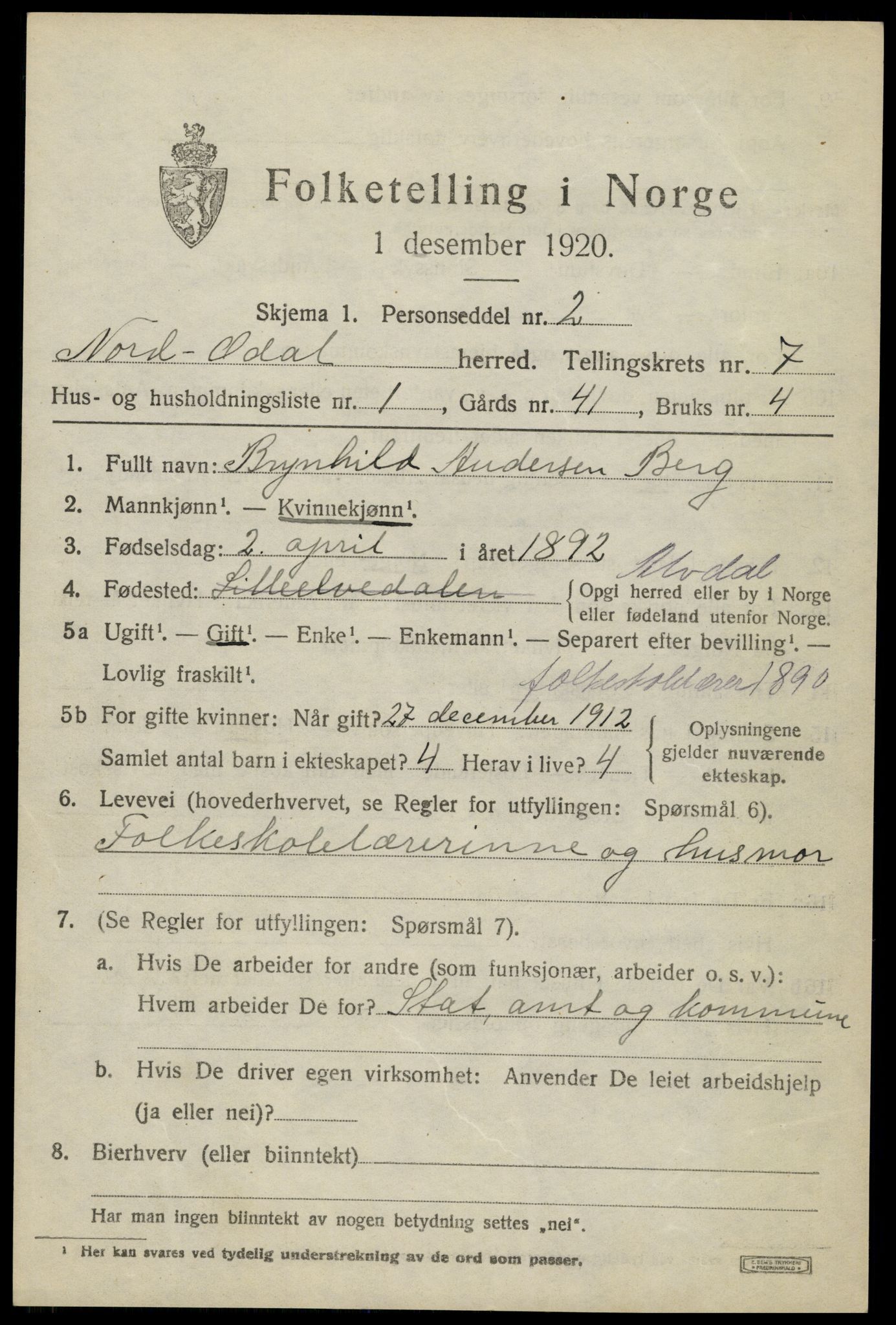 SAH, 1920 census for Nord-Odal, 1920, p. 7099