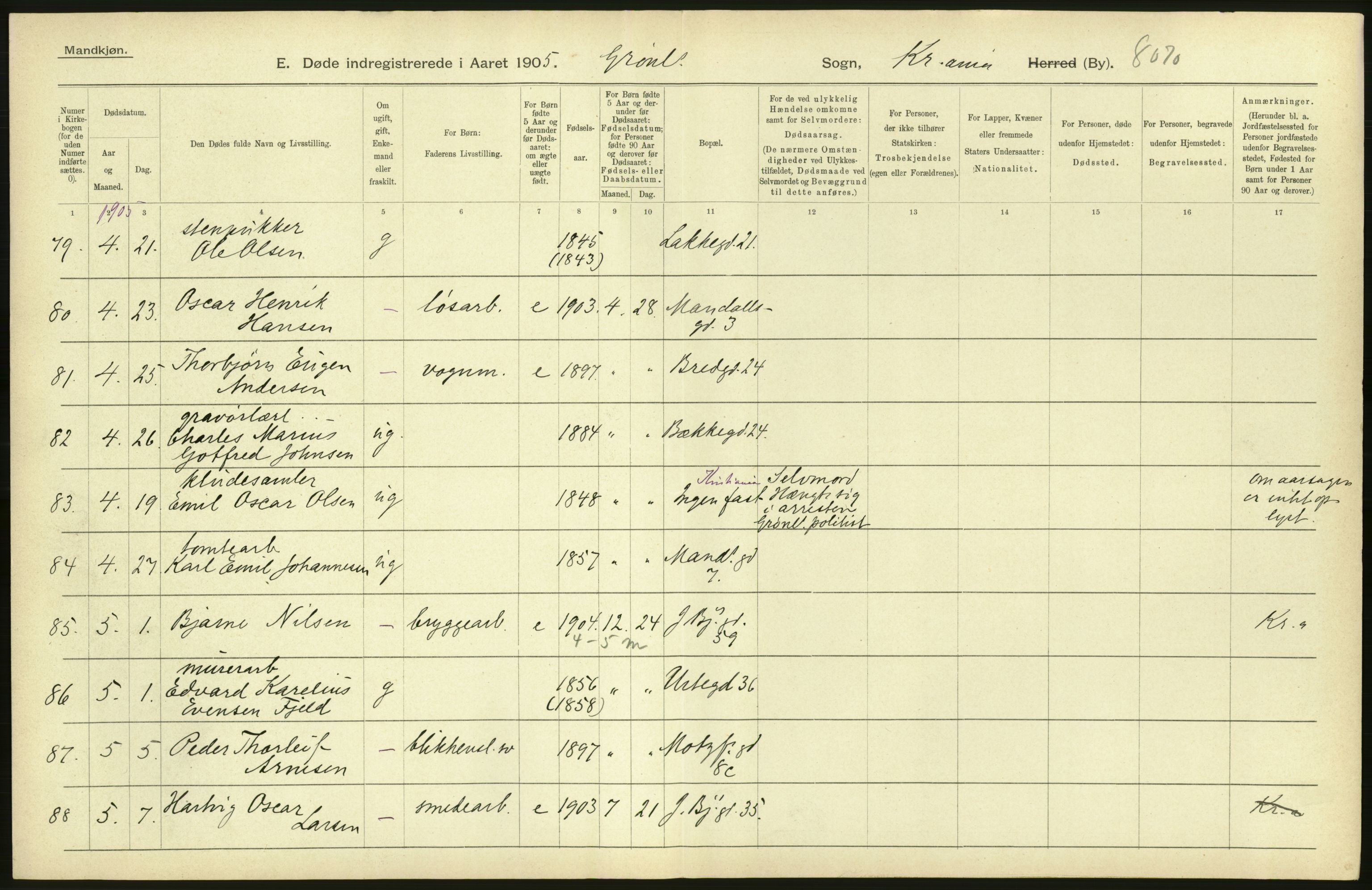 Statistisk sentralbyrå, Sosiodemografiske emner, Befolkning, AV/RA-S-2228/D/Df/Dfa/Dfac/L0007a: Kristiania: Døde, dødfødte., 1905, p. 798