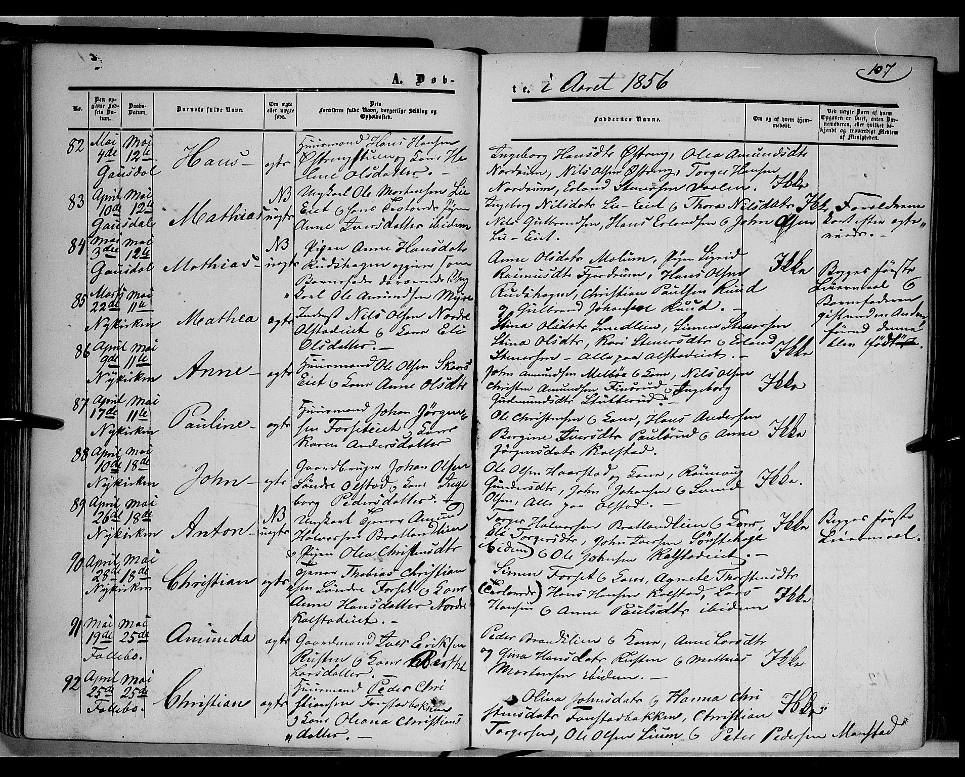 Gausdal prestekontor, SAH/PREST-090/H/Ha/Haa/L0008: Parish register (official) no. 8, 1850-1861, p. 107
