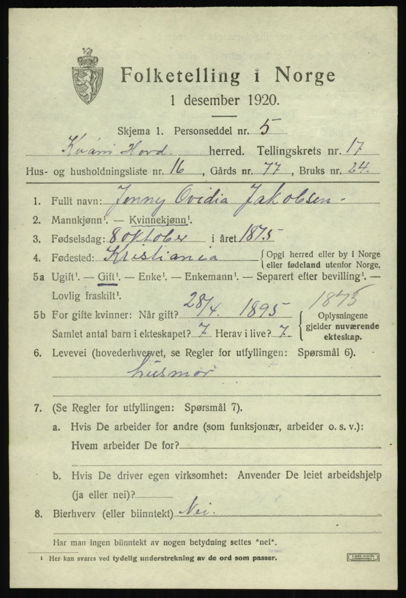 SAB, 1920 census for Kvam, 1920, p. 9465