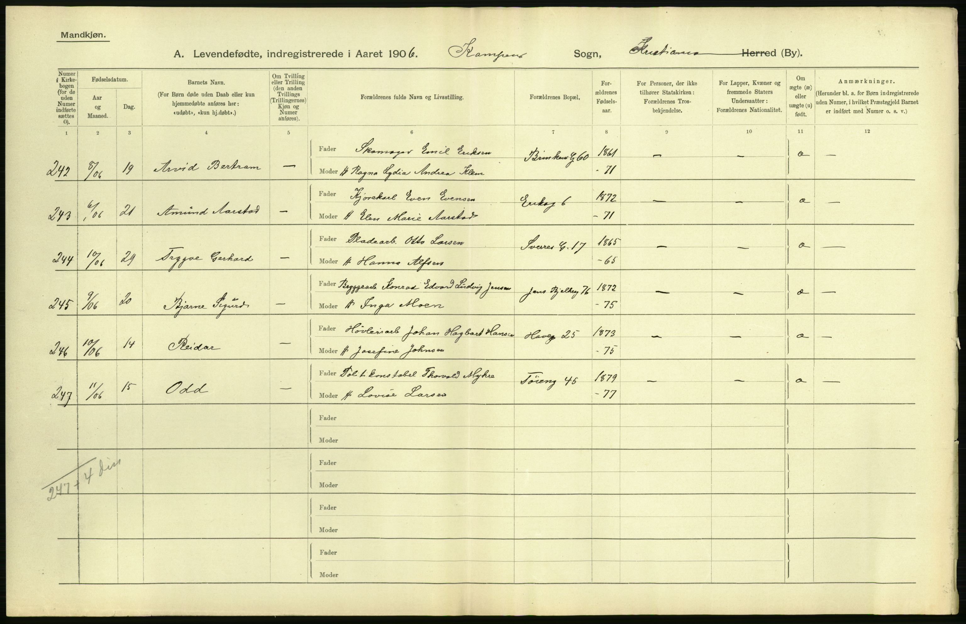 Statistisk sentralbyrå, Sosiodemografiske emner, Befolkning, AV/RA-S-2228/D/Df/Dfa/Dfad/L0007: Kristiania: Levendefødte menn og kvinner., 1906, p. 746