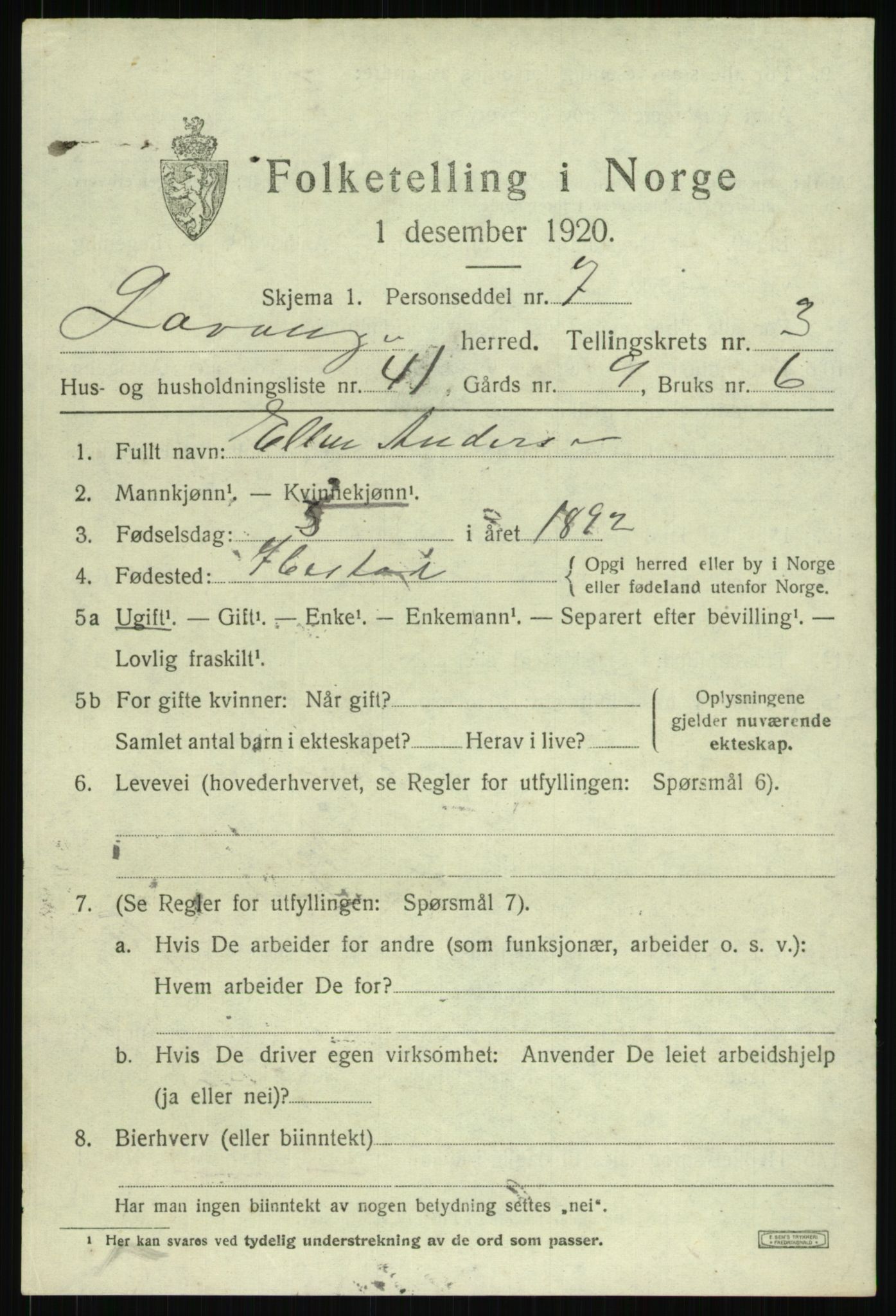 SATØ, 1920 census for Lavangen, 1920, p. 1901