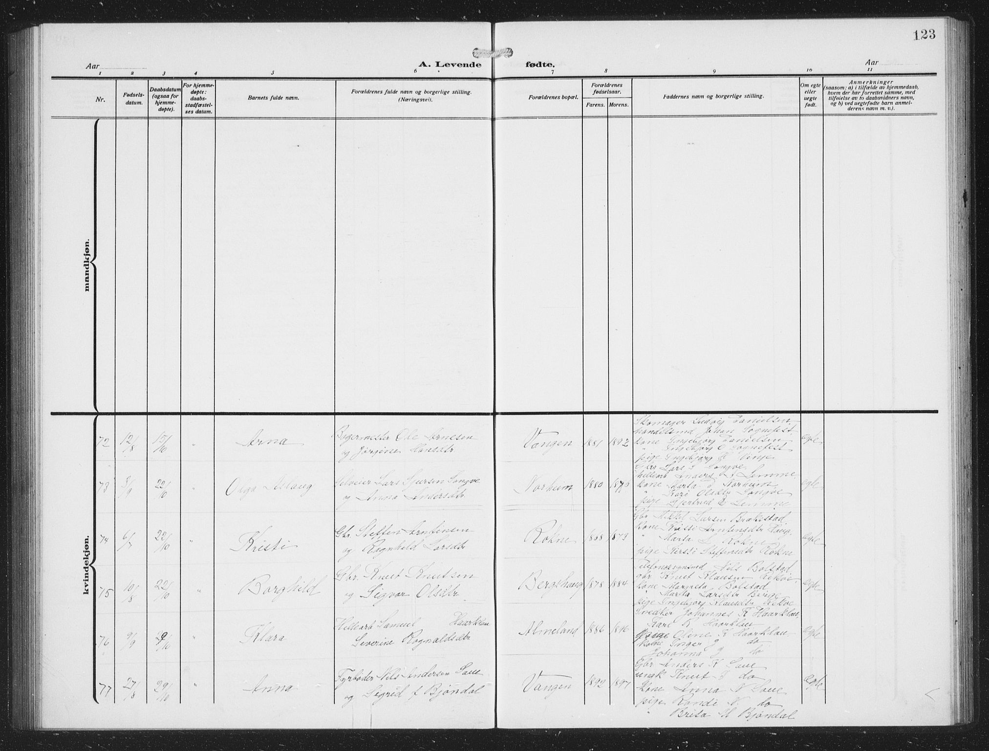 Voss sokneprestembete, AV/SAB-A-79001/H/Hab: Parish register (copy) no. C 3, 1909-1920, p. 123