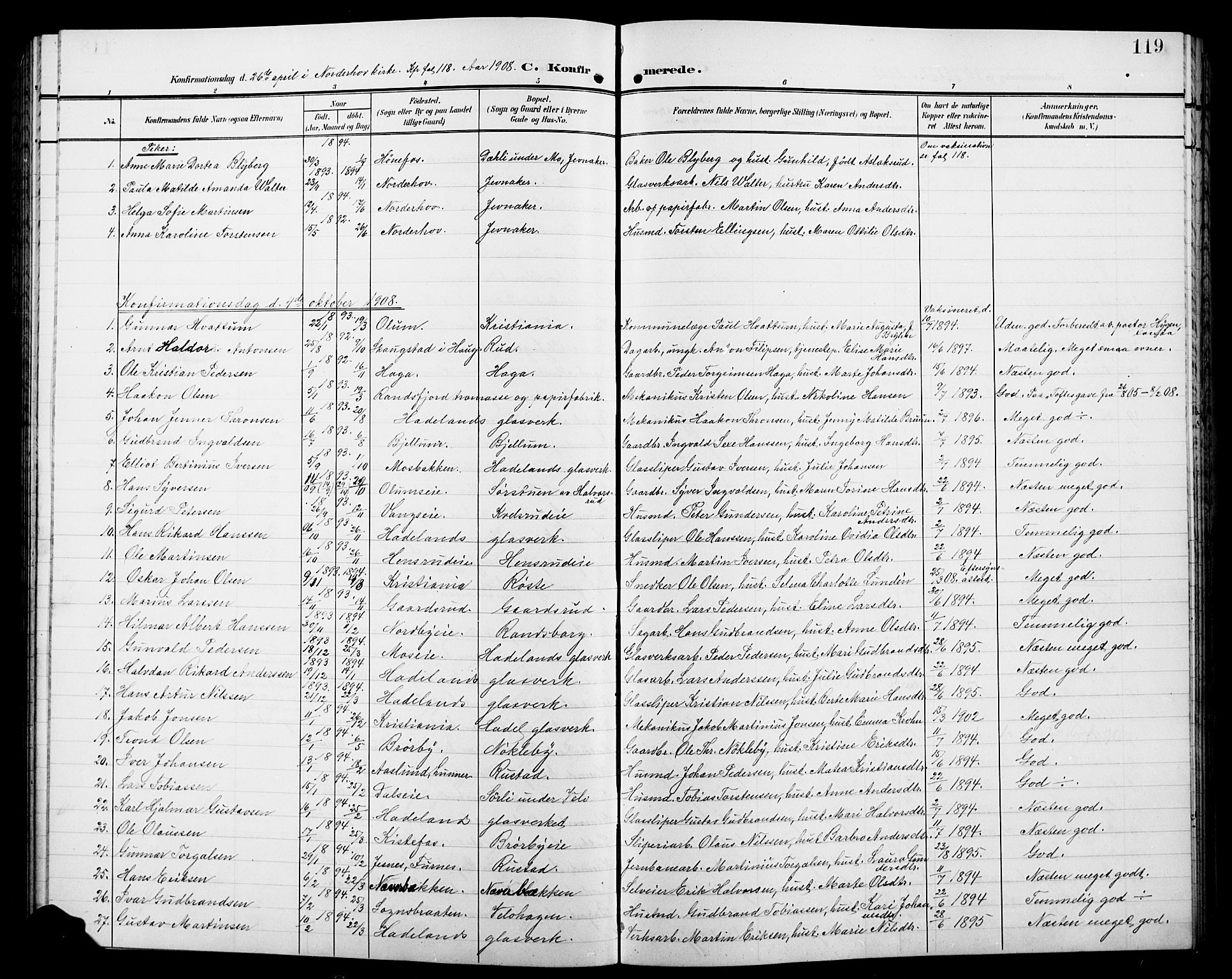 Jevnaker prestekontor, SAH/PREST-116/H/Ha/Hab/L0004: Parish register (copy) no. 4, 1907-1918, p. 119