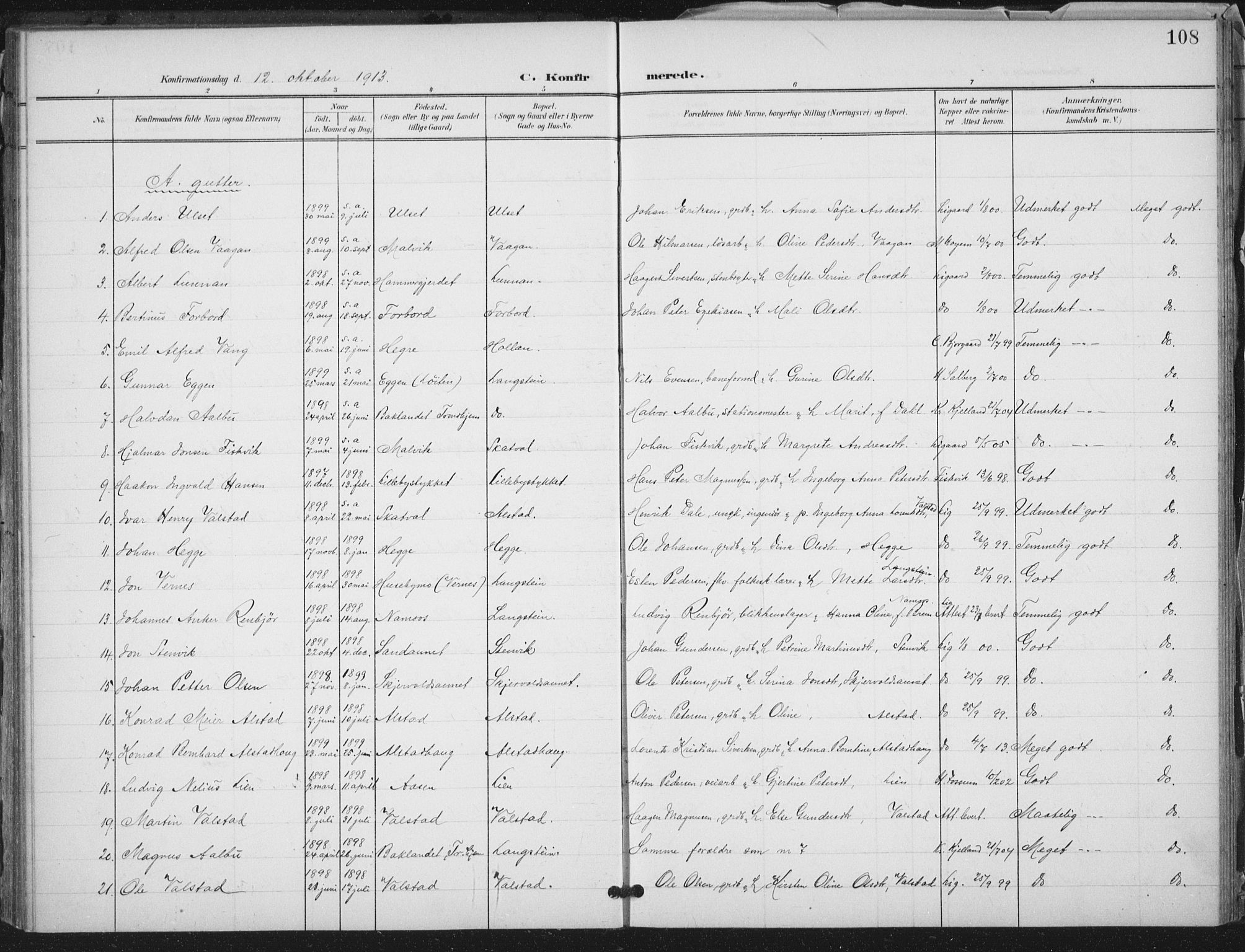 Ministerialprotokoller, klokkerbøker og fødselsregistre - Nord-Trøndelag, SAT/A-1458/712/L0101: Parish register (official) no. 712A02, 1901-1916, p. 108