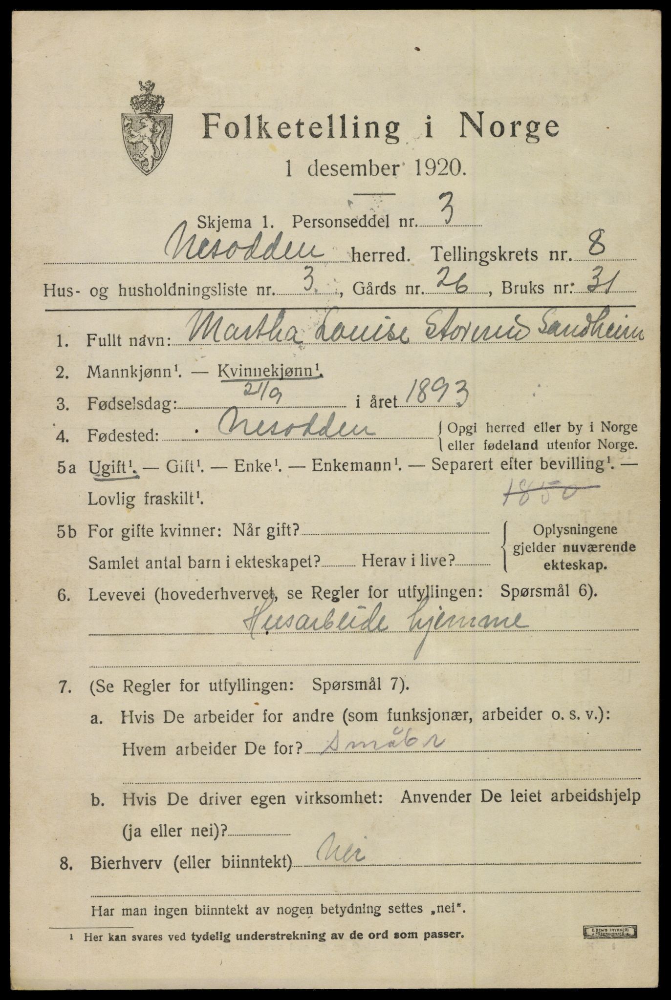 SAO, 1920 census for Nesodden, 1920, p. 6279