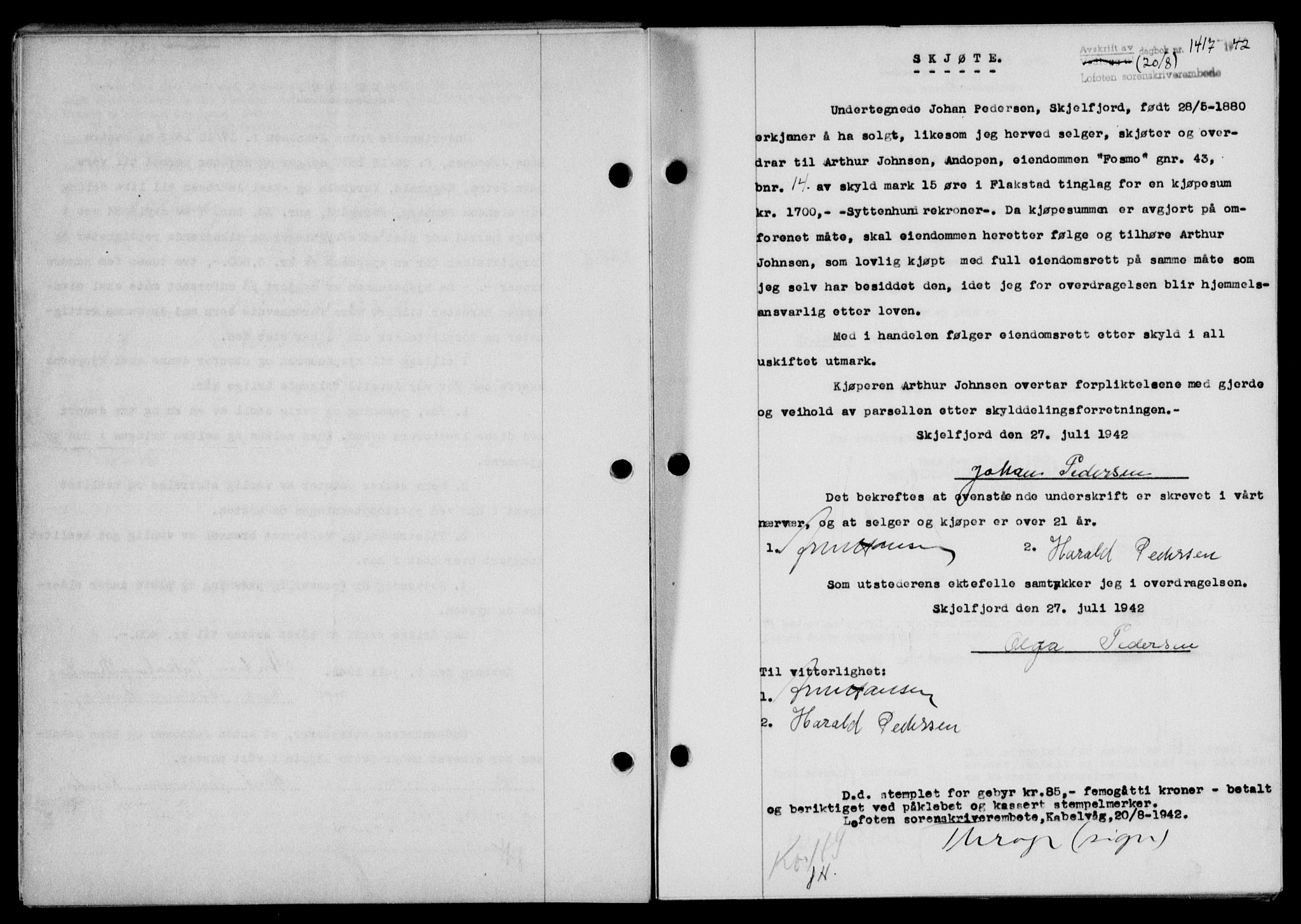 Lofoten sorenskriveri, SAT/A-0017/1/2/2C/L0010a: Mortgage book no. 10a, 1942-1943, Diary no: : 1417/1942