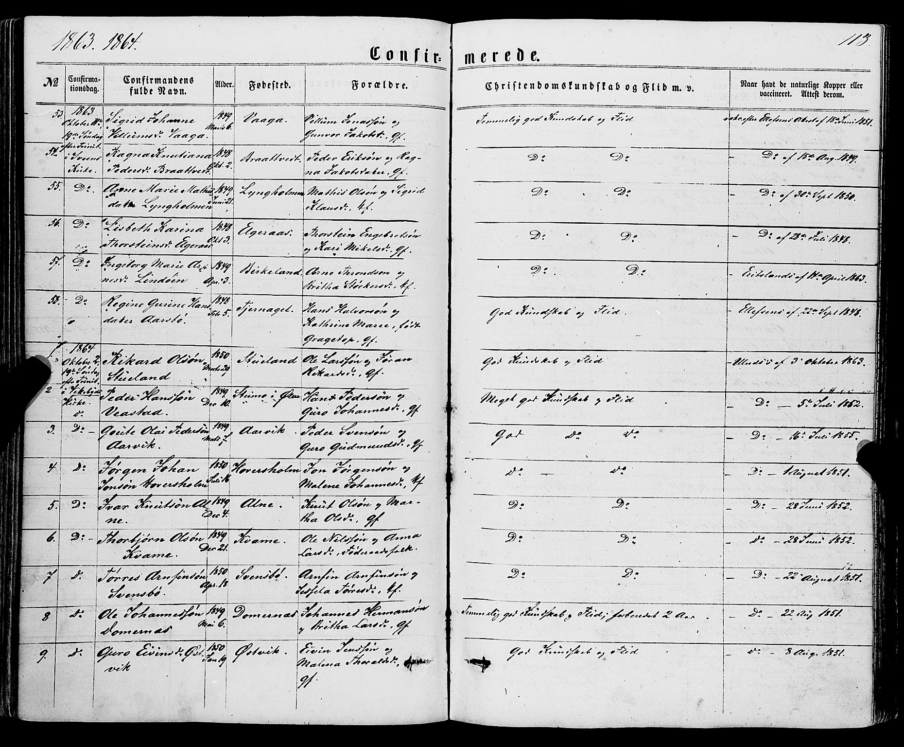 Sveio Sokneprestembete, SAB/A-78501/H/Haa: Parish register (official) no. A 1, 1861-1877, p. 113
