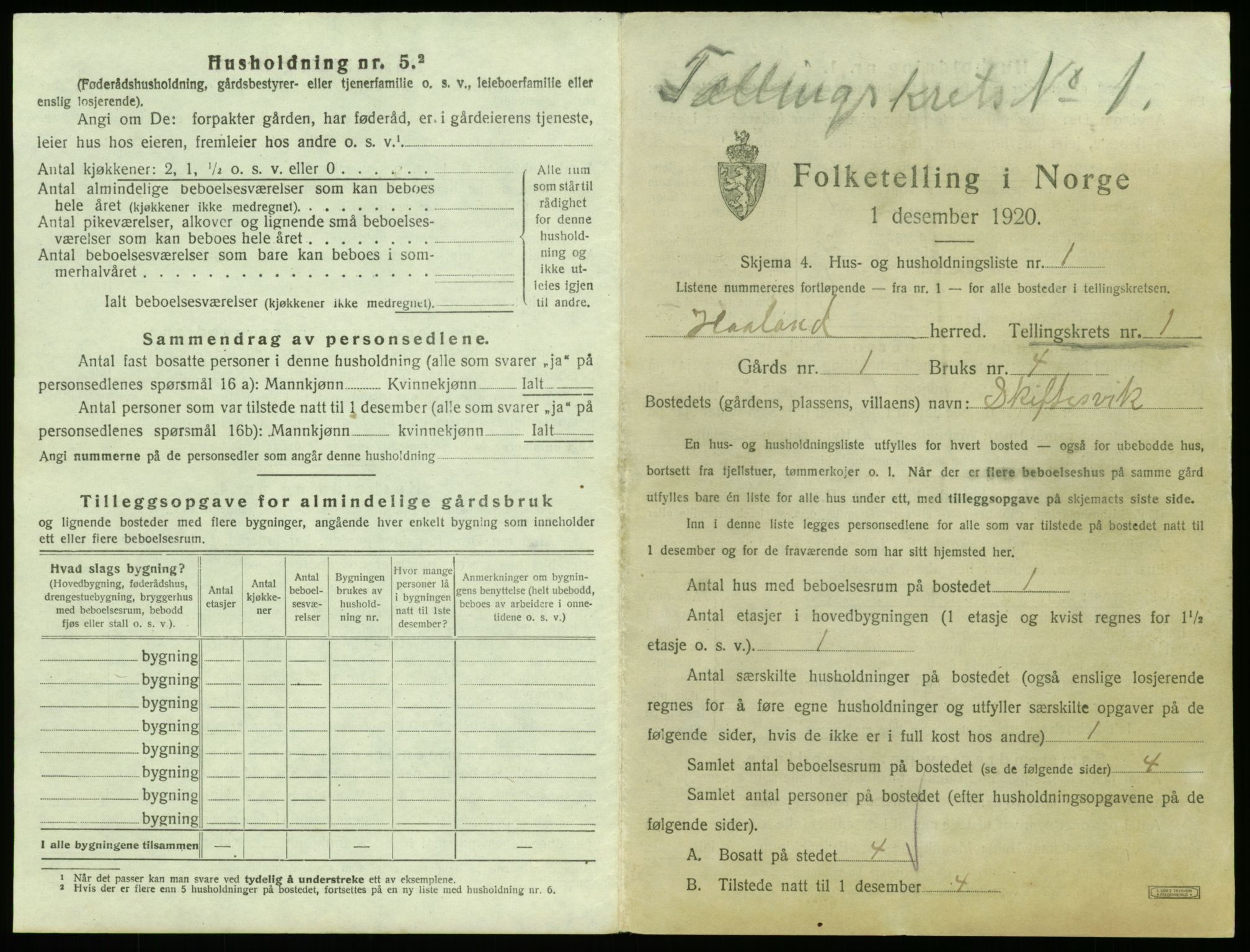 SAST, 1920 census for Håland, 1920, p. 55