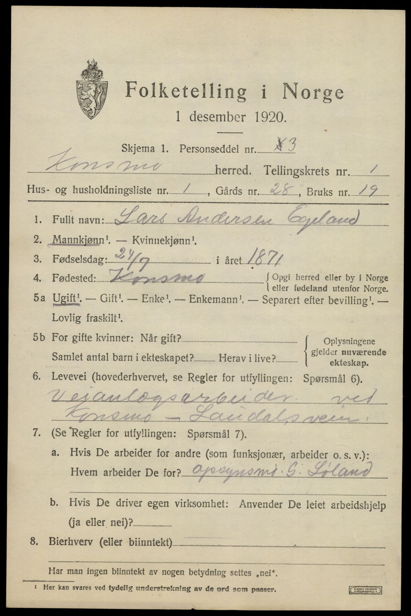 SAK, 1920 census for Konsmo, 1920, p. 452