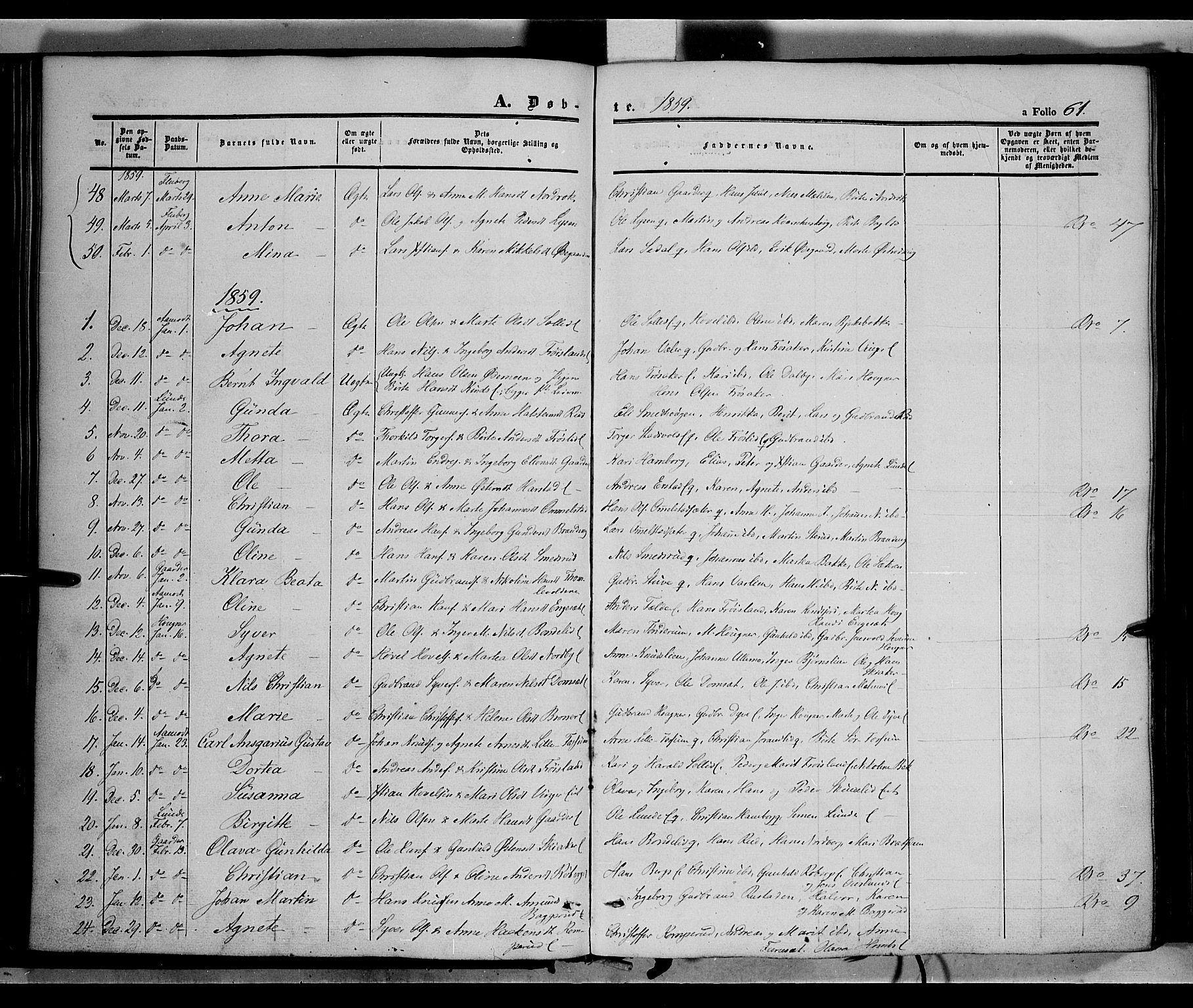 Land prestekontor, SAH/PREST-120/H/Ha/Haa/L0010: Parish register (official) no. 10, 1847-1859, p. 61