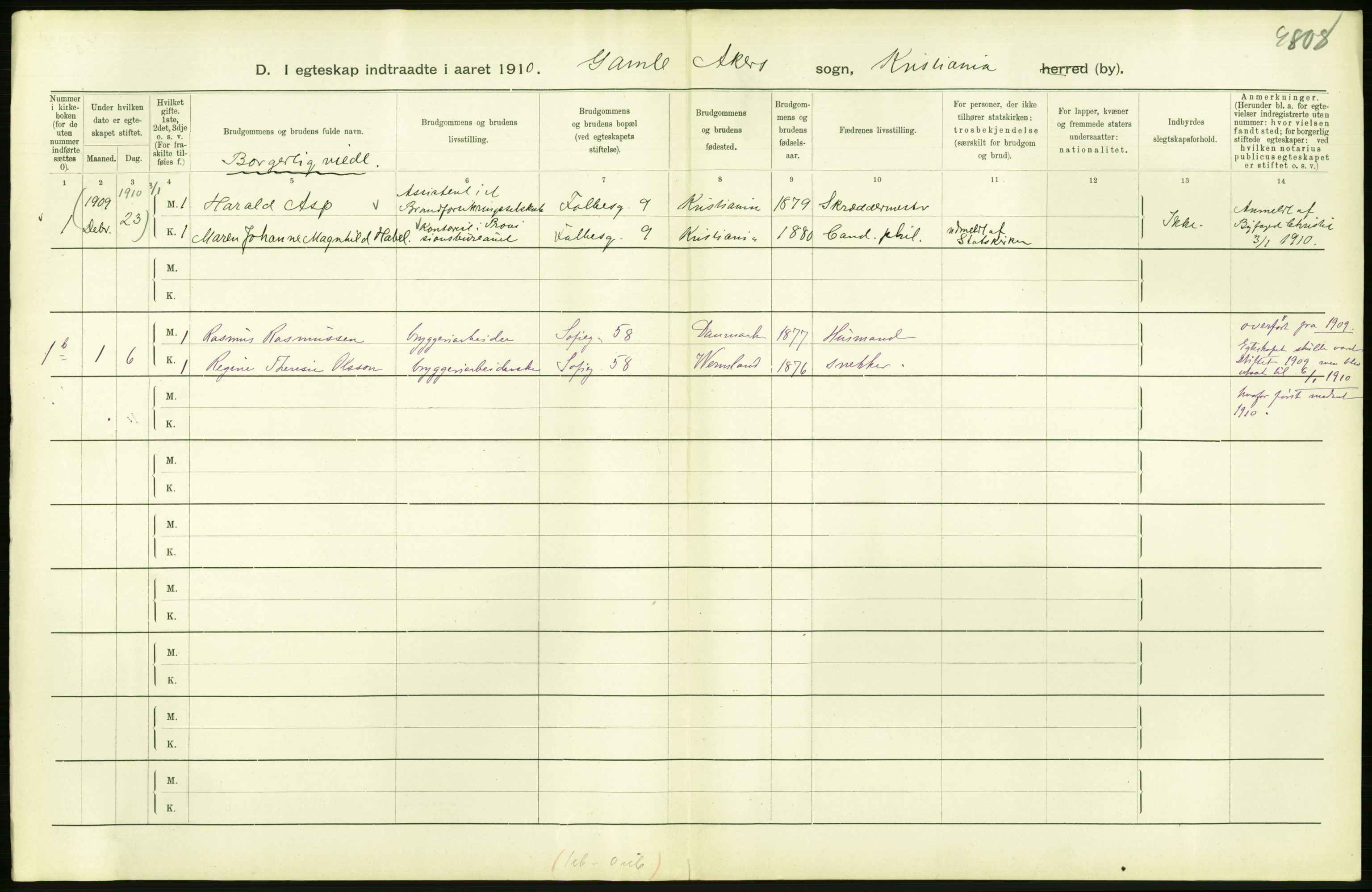 Statistisk sentralbyrå, Sosiodemografiske emner, Befolkning, AV/RA-S-2228/D/Df/Dfa/Dfah/L0009: Kristiania: Gifte og dødfødte., 1910, p. 466